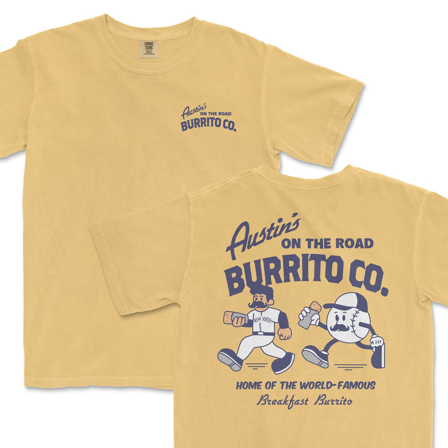 Yellow Comfort Colors T-shirt featuring "Austin's On the Road Burrito Co." logo and cartoon burrito characters, with text about breakfast burritos.