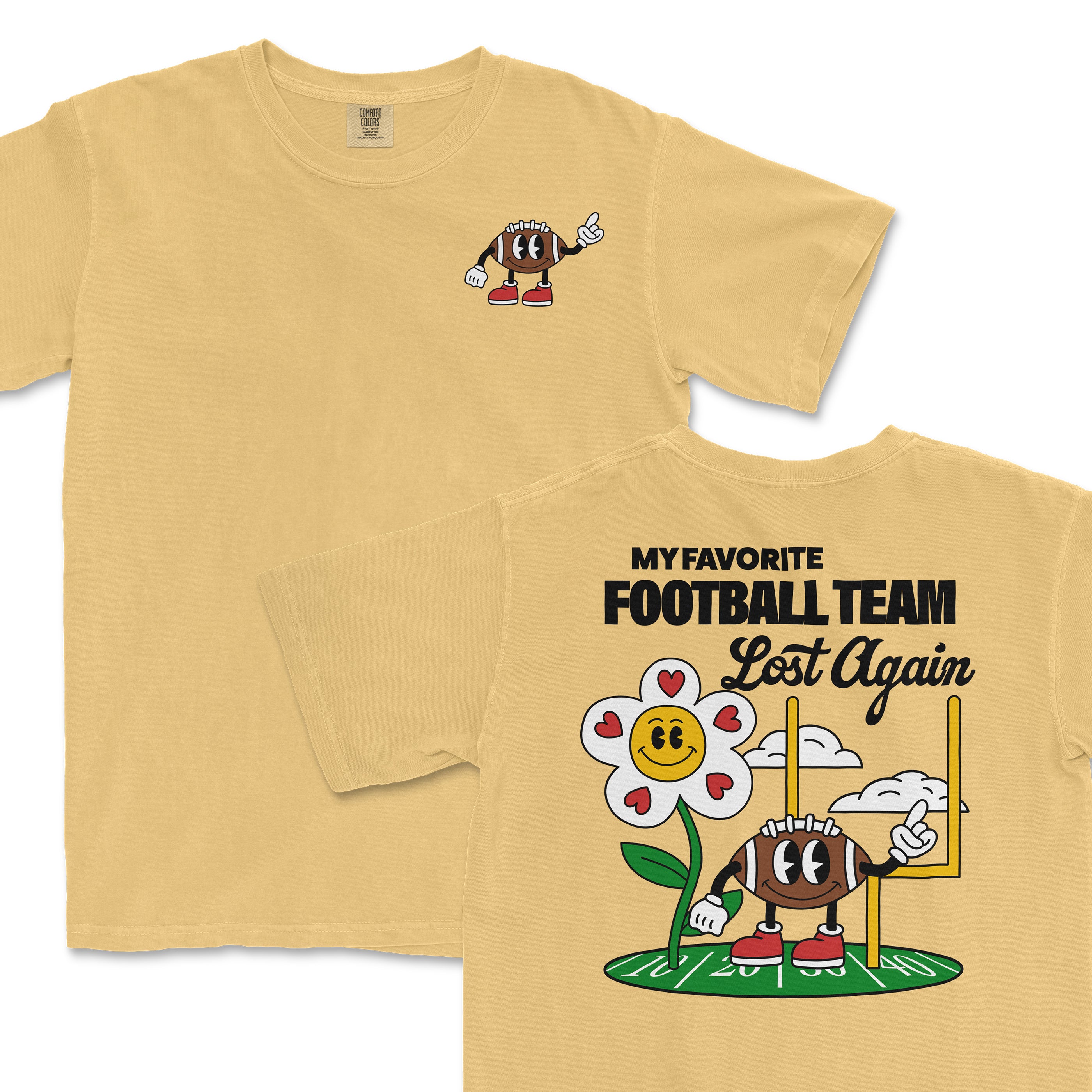 Beige Comfort Colors T-shirt with a football-themed cartoon design and the text "My Favorite Football Team Lost Again" on the back.
