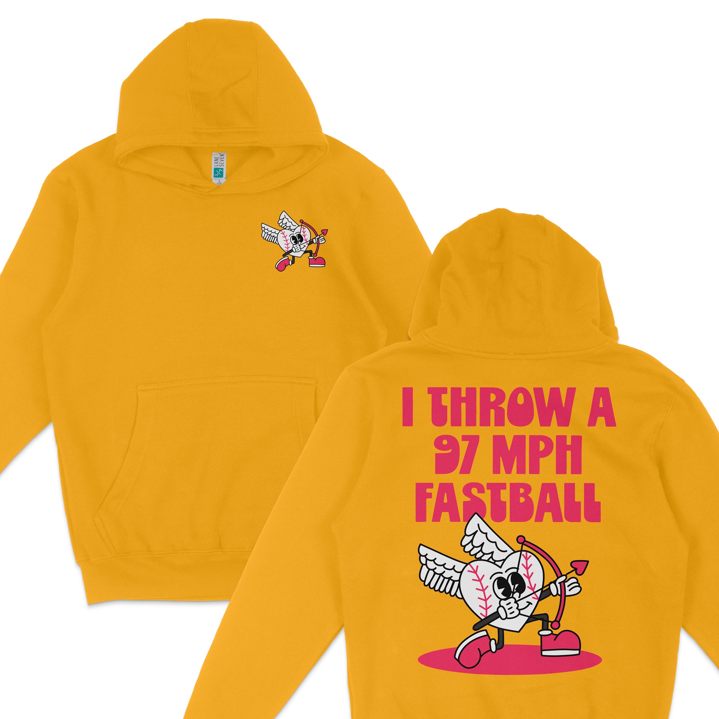 Yellow hoodie featuring a cartoon character with wings and a bow, and bold pink text: "I THROW A 97 MPH FASTBALL" on the back.