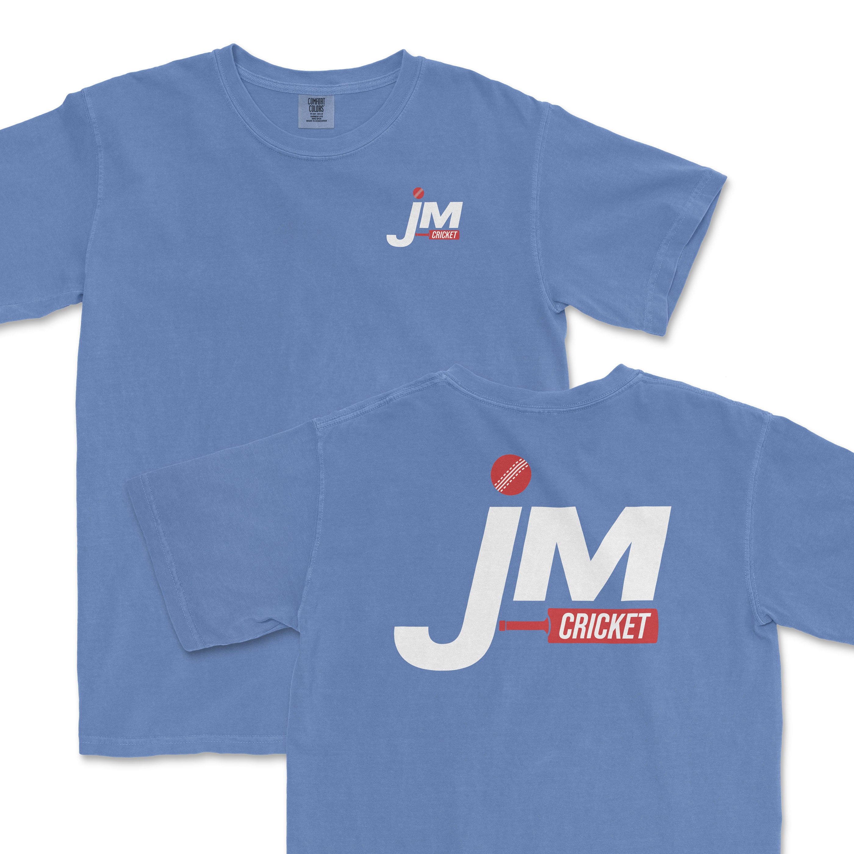 Light blue JM Cricket T-shirt featuring a bold logo on the front and back, perfect for cricket fans.