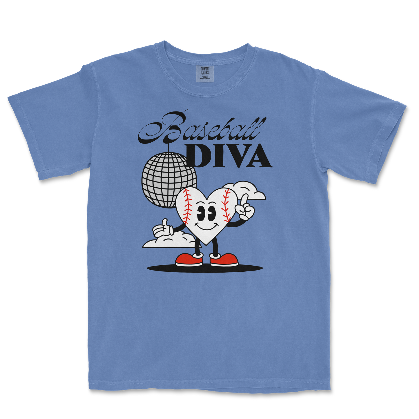 Light blue Comfort Colors tee featuring a cartoon heart with baseball stitches, sneakers, and a disco ball, with "Baseball Diva" text.