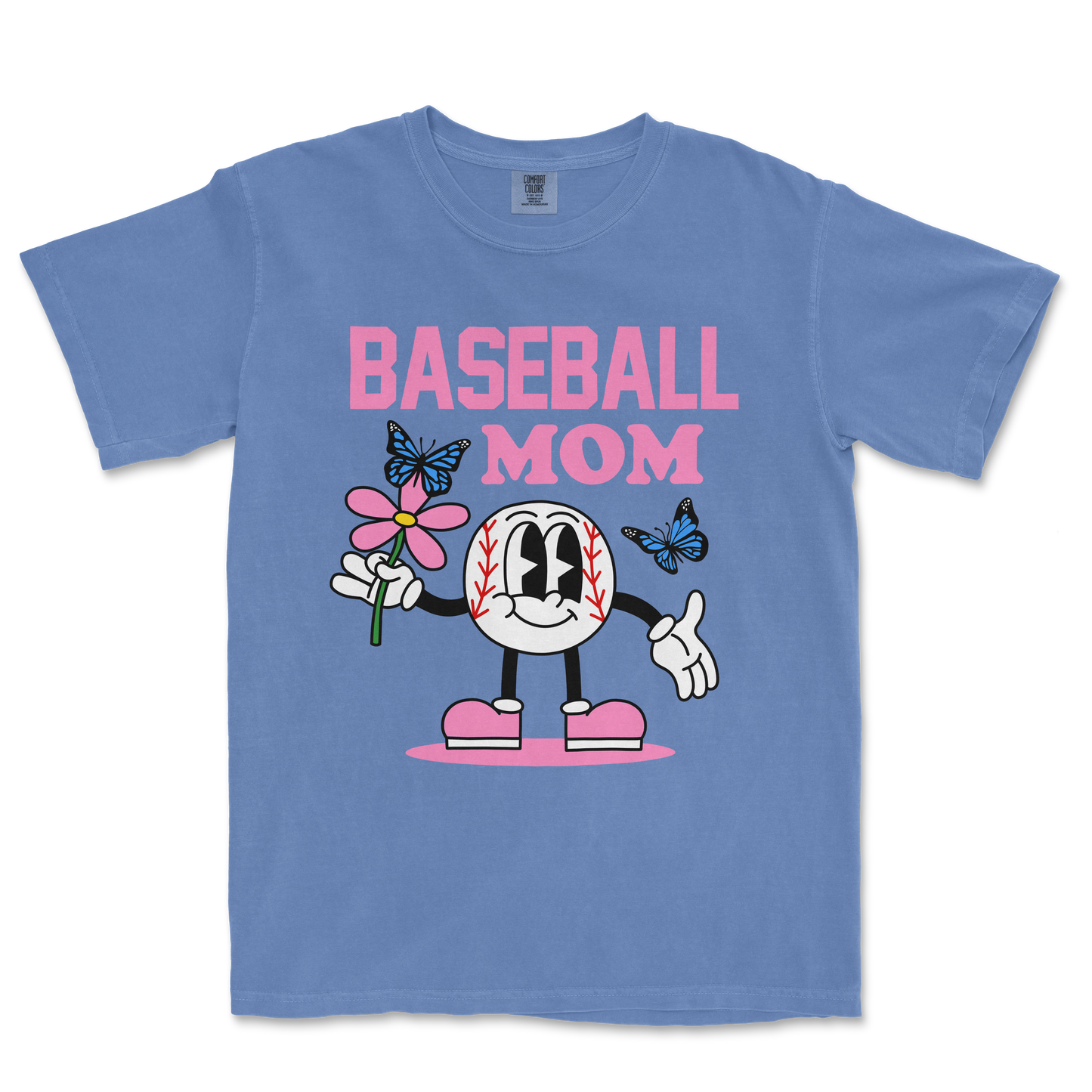 Light blue Comfort Colors T-shirt featuring a cartoon baseball character holding a pink flower, with "Baseball Mom" text and butterflies.
