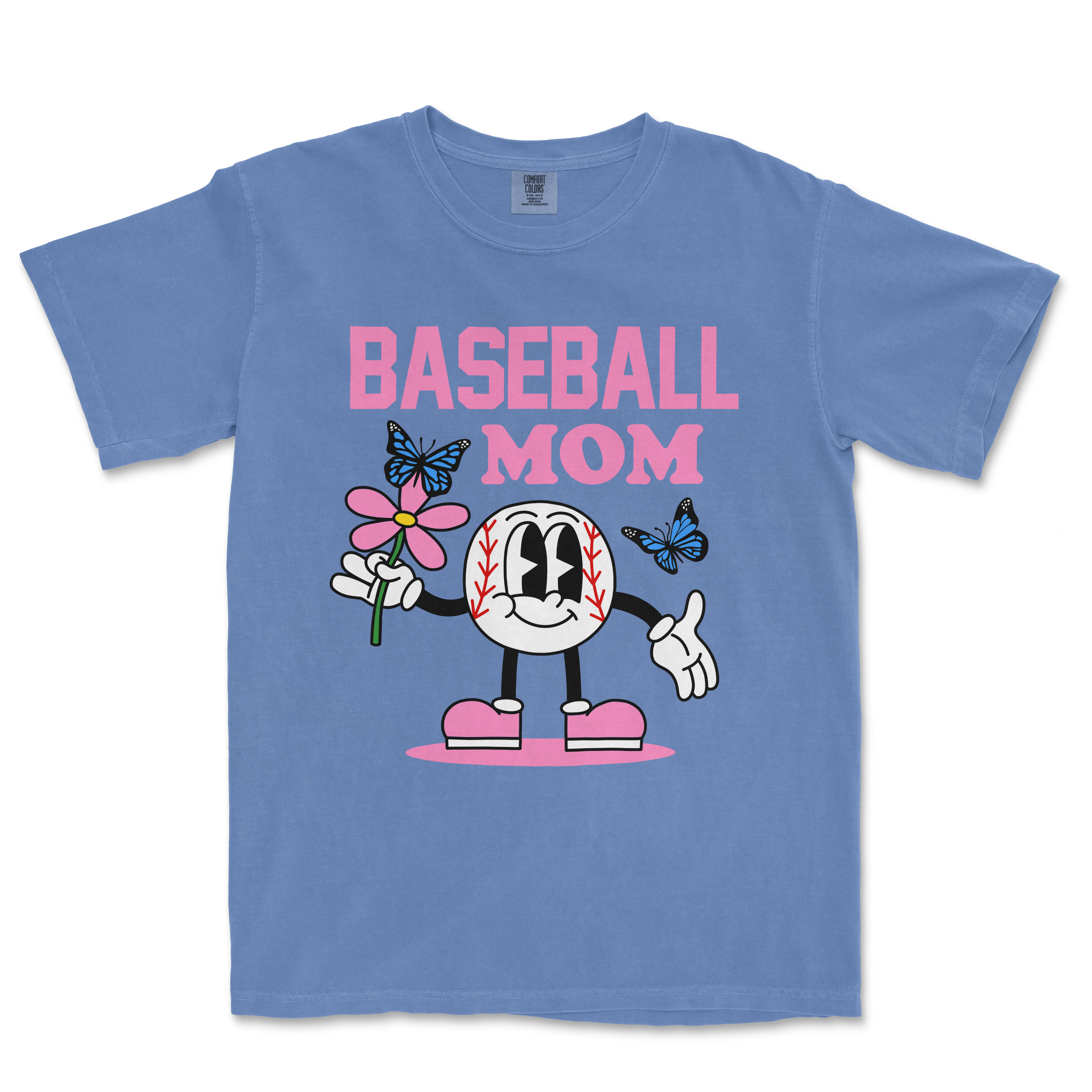 Light blue Comfort Colors T-shirt featuring a cartoon baseball character holding a pink flower, with "Baseball Mom" text and butterflies.
