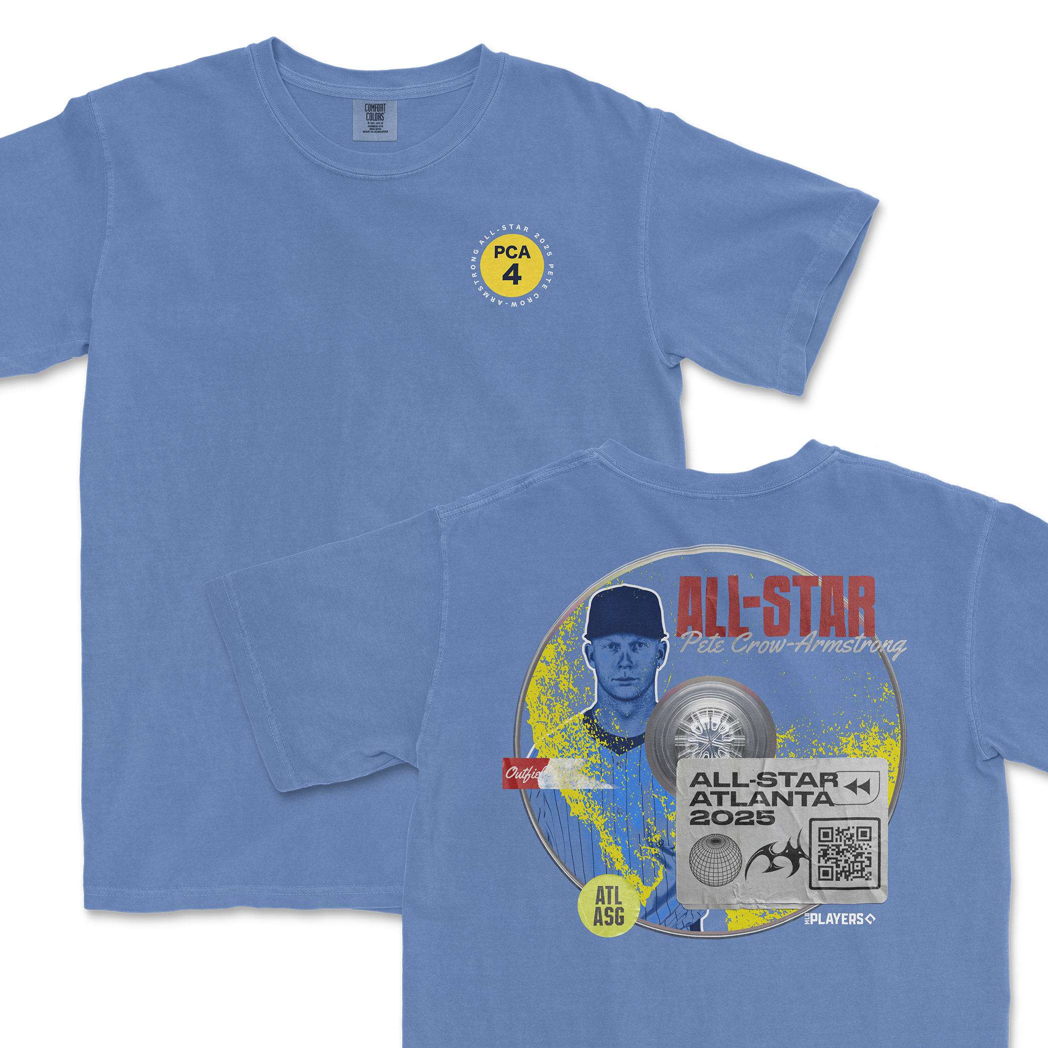 Blue t-shirt featuring Pete Crow-Armstrong's All-Star 2025 graphic, showcasing his name and event details on the back.