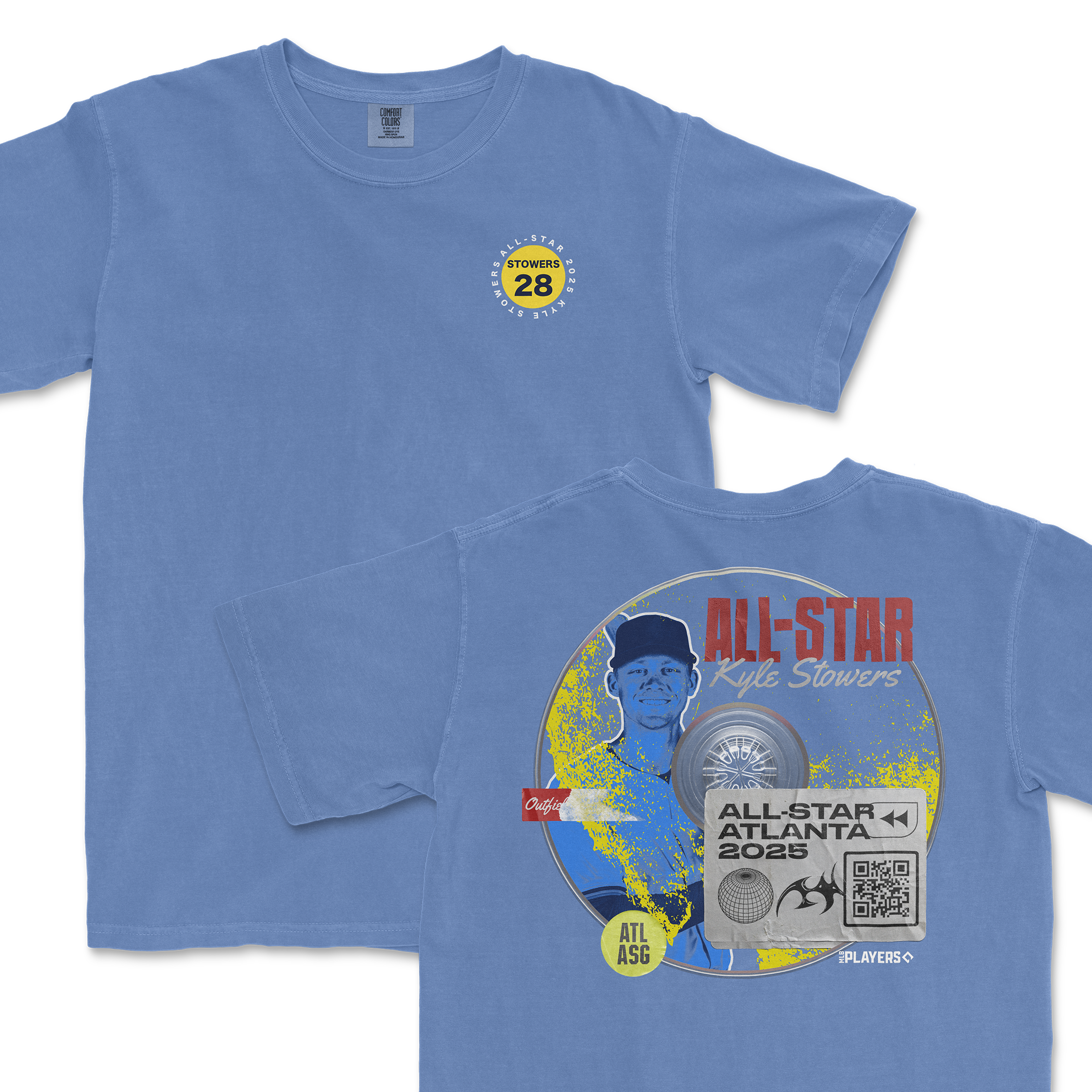 Kyle Stowers All-Star 2025 t-shirt featuring a blue design with player graphics and event details on the back.
