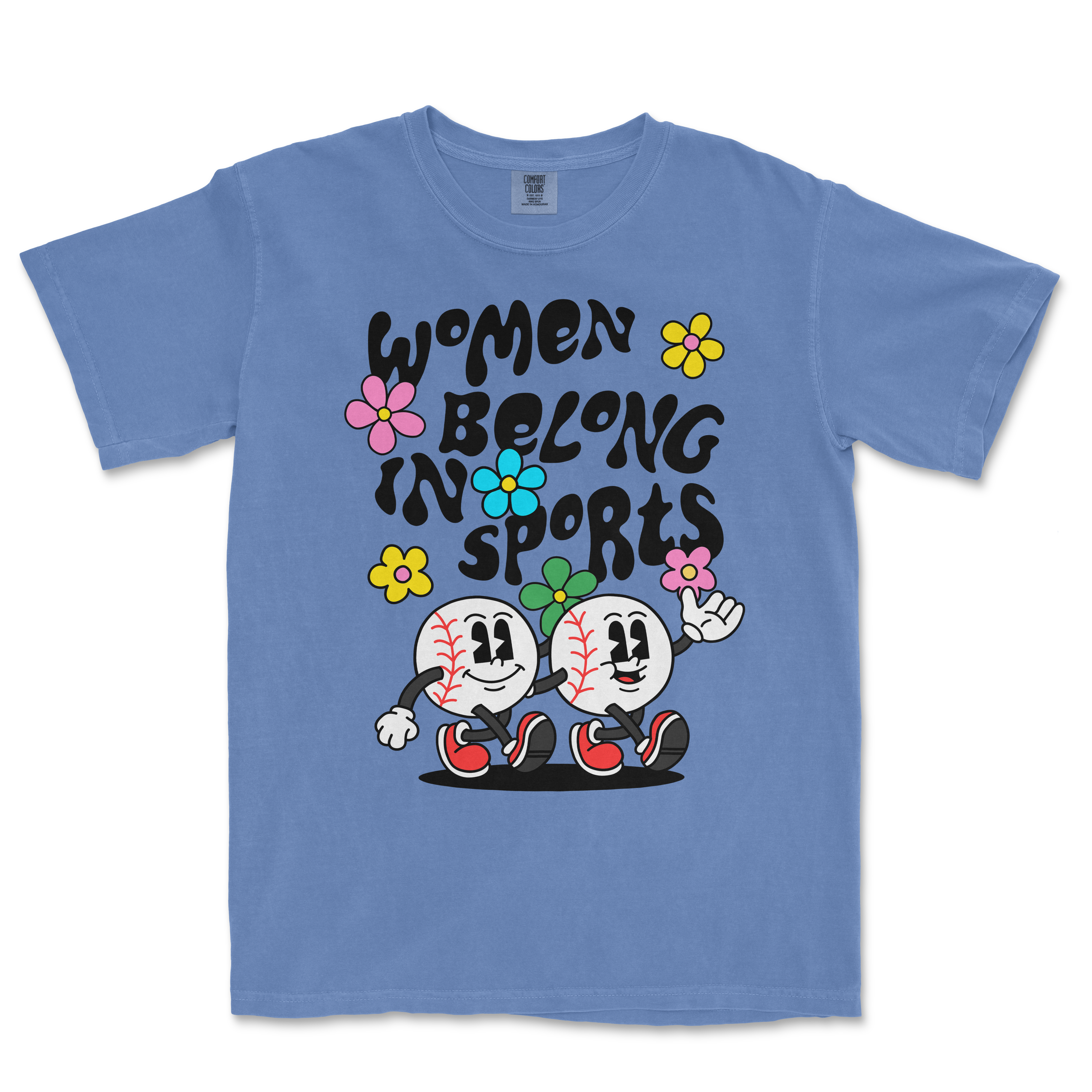 Blue T-shirt featuring cartoon baseballs with smiling faces, colorful flowers, and the text "Women Belong in Sports" in bold black letters.