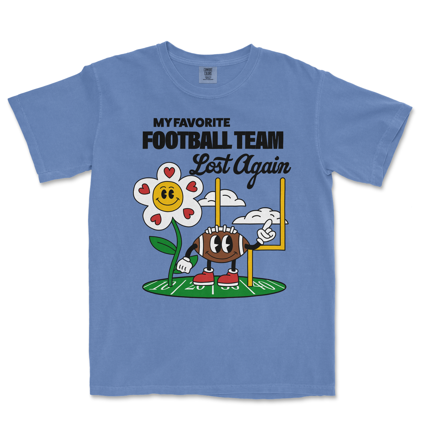 Blue Comfort Colors T-shirt with a playful football-themed graphic and the text "My favorite football team lost again.