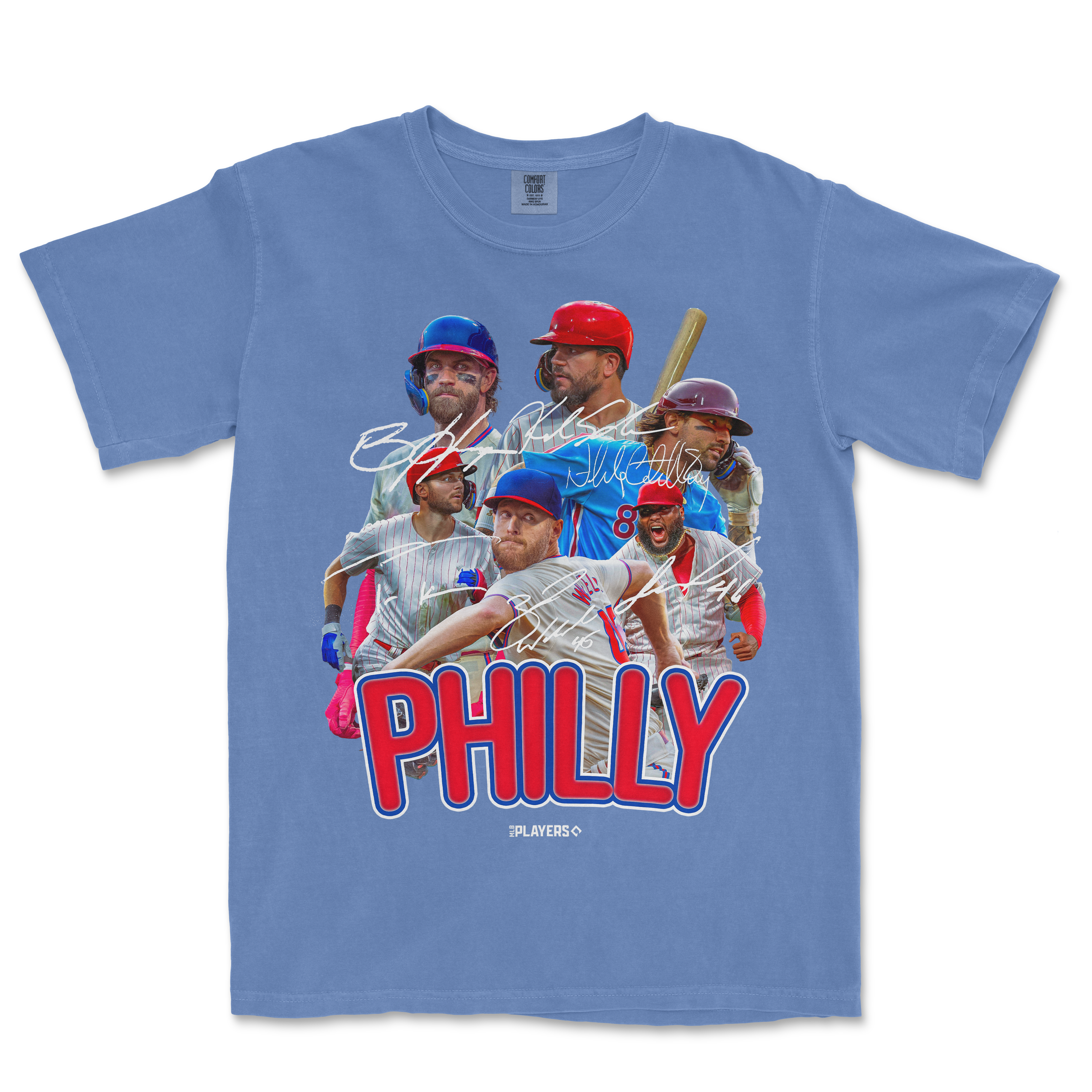 Blue PHI Signature Series T-shirt featuring a collage of baseball players, signatures, and bold "PHILLY" text in red and blue.