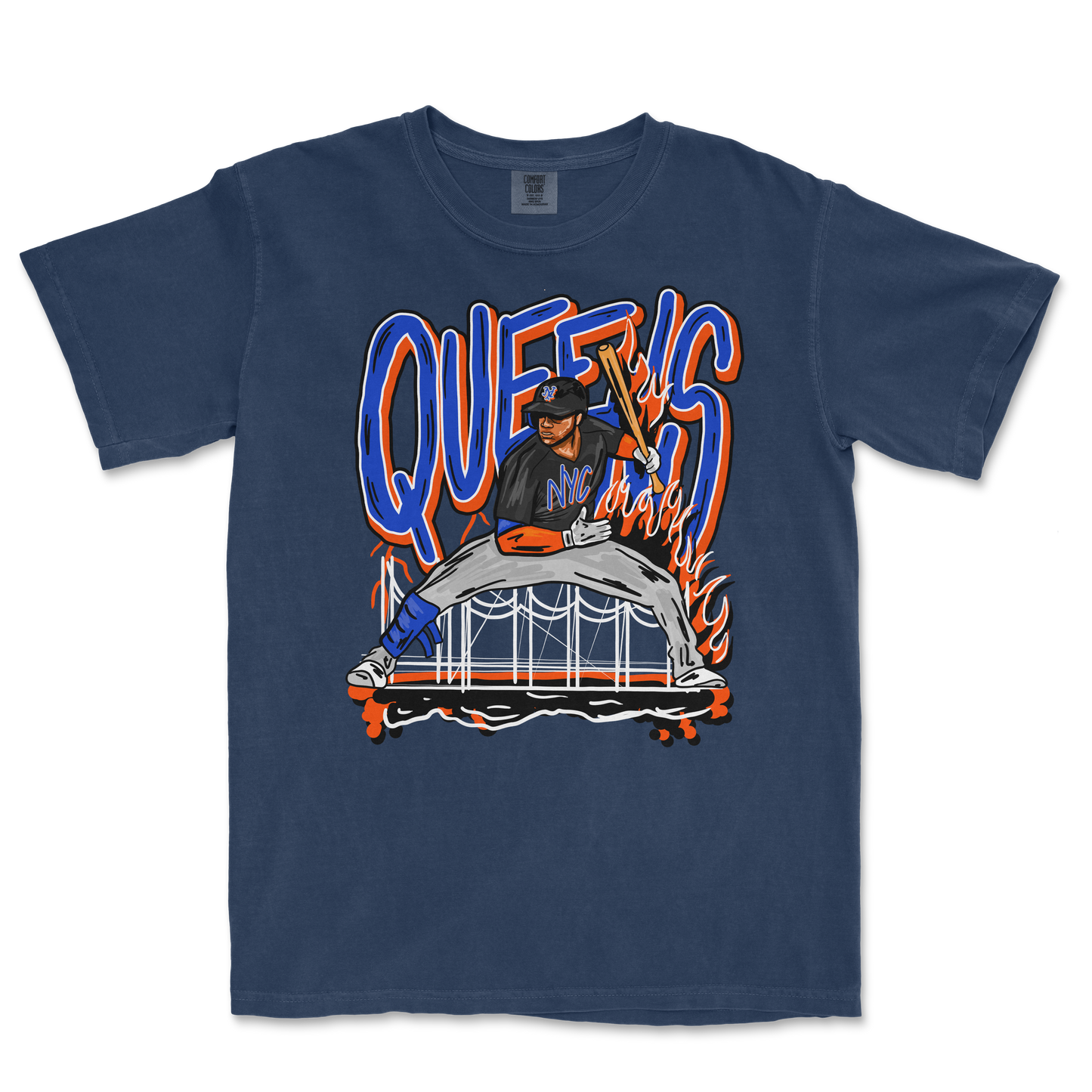Graphic T-shirt featuring a baseball player in a dynamic pose with flames, graffiti-style text reading "Queens NY" in bold blue and orange colors.