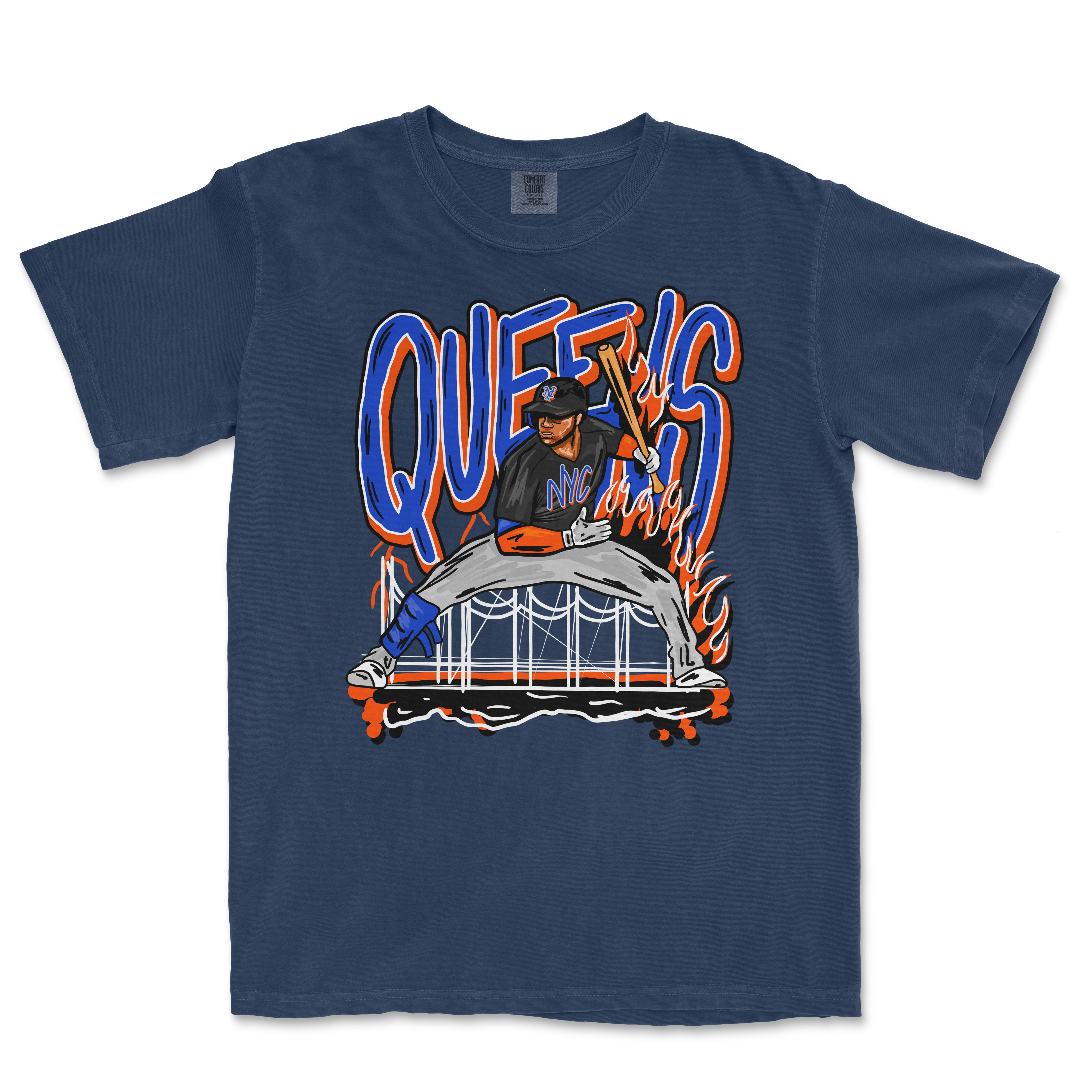 Graphic T-shirt featuring a baseball player in a dynamic pose with flames, graffiti-style text reading "Queens NY" in bold blue and orange colors.