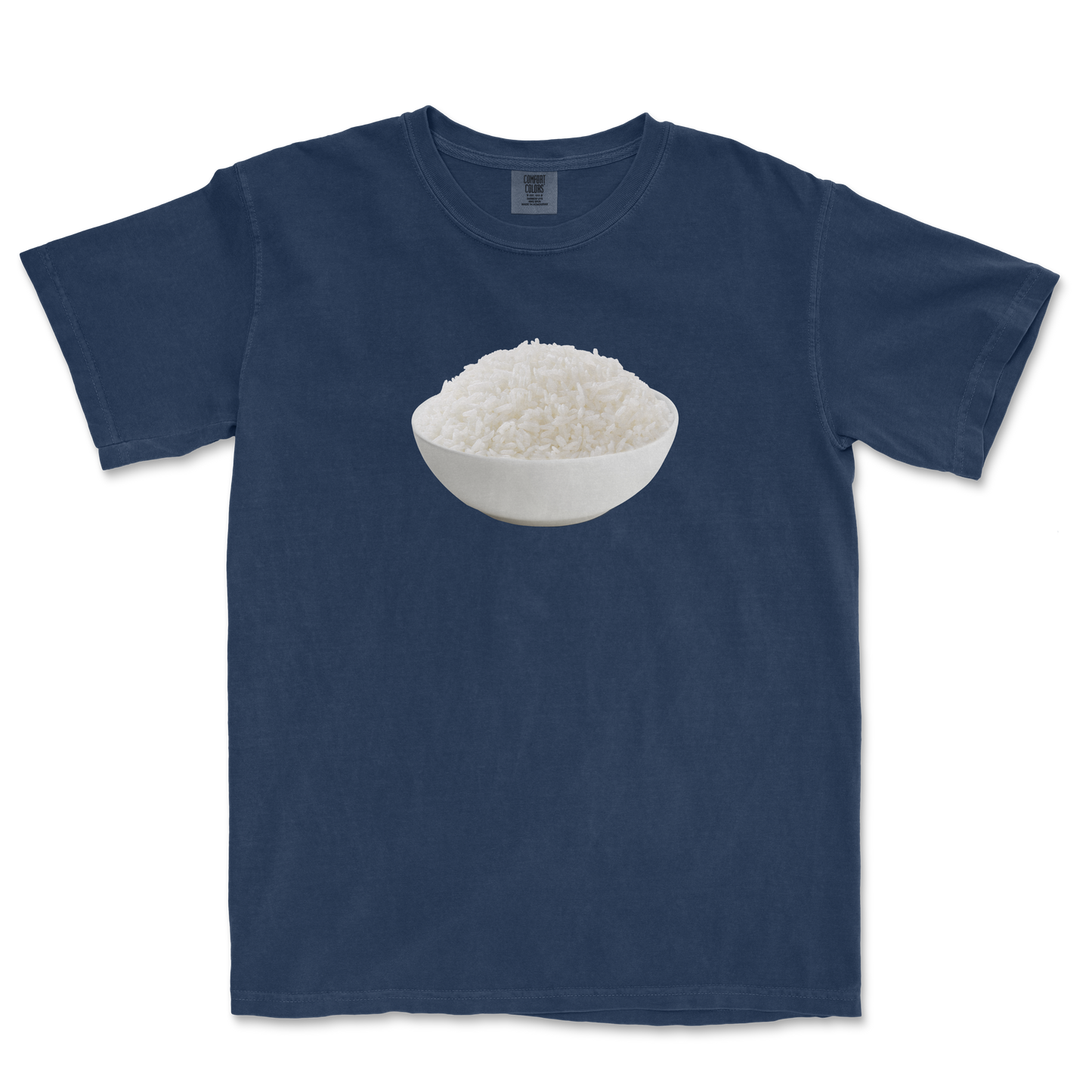 Blue T-shirt featuring a graphic of a white bowl filled with cooked white rice in the center.