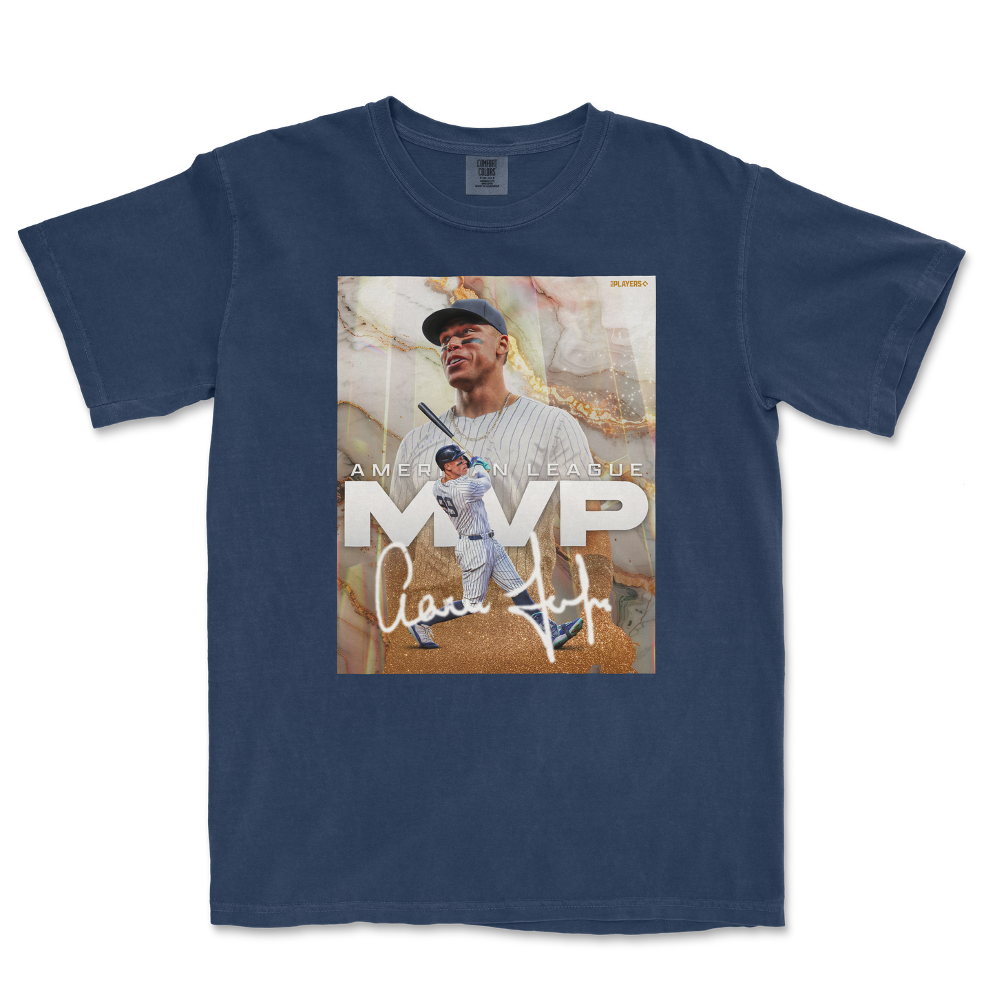 Blue Comfort Colors T-shirt featuring a graphic of a baseball player, "MVP" text, and an autograph-style signature.