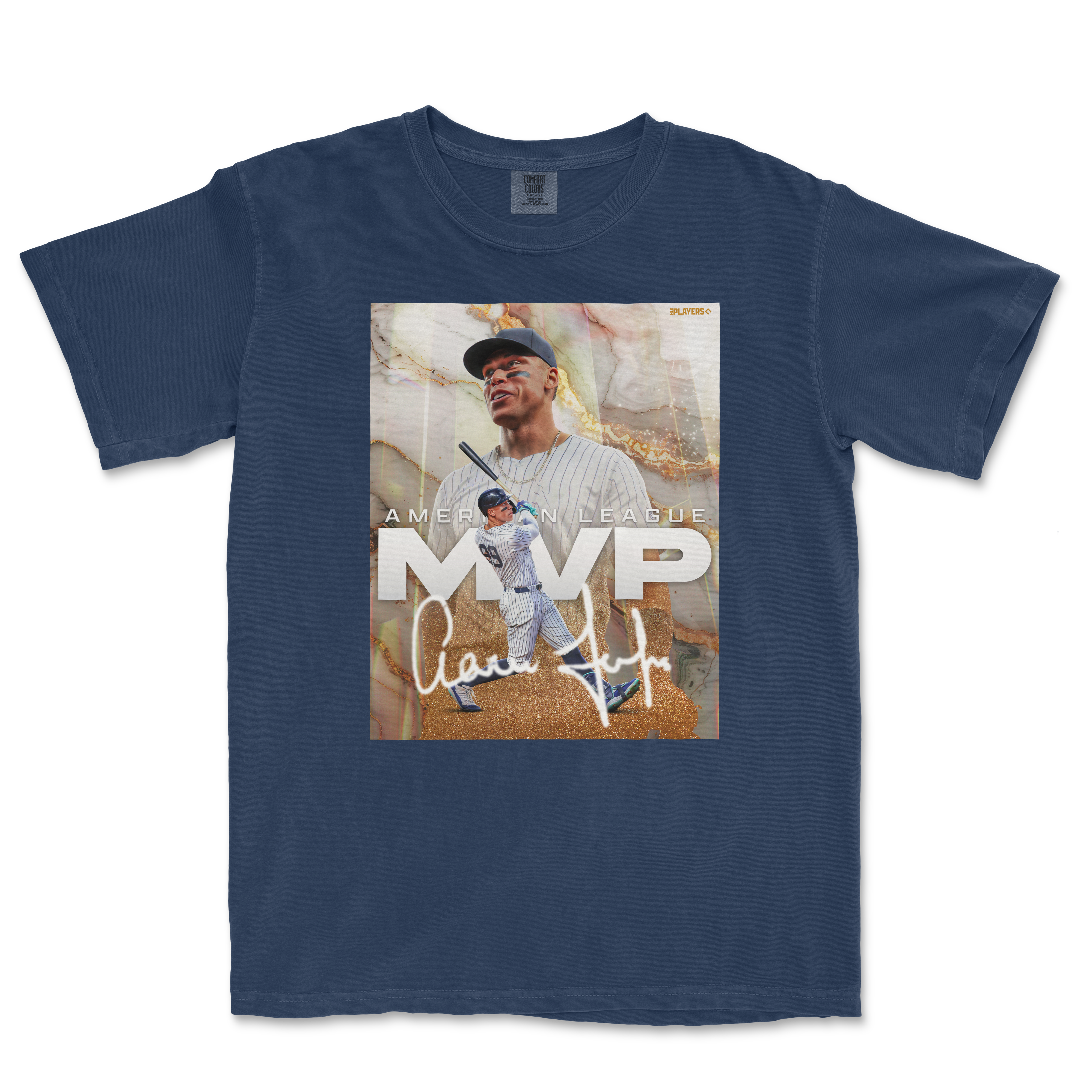 Blue Comfort Colors T-shirt featuring a graphic of a baseball player, "MVP" text, and an autograph-style signature.