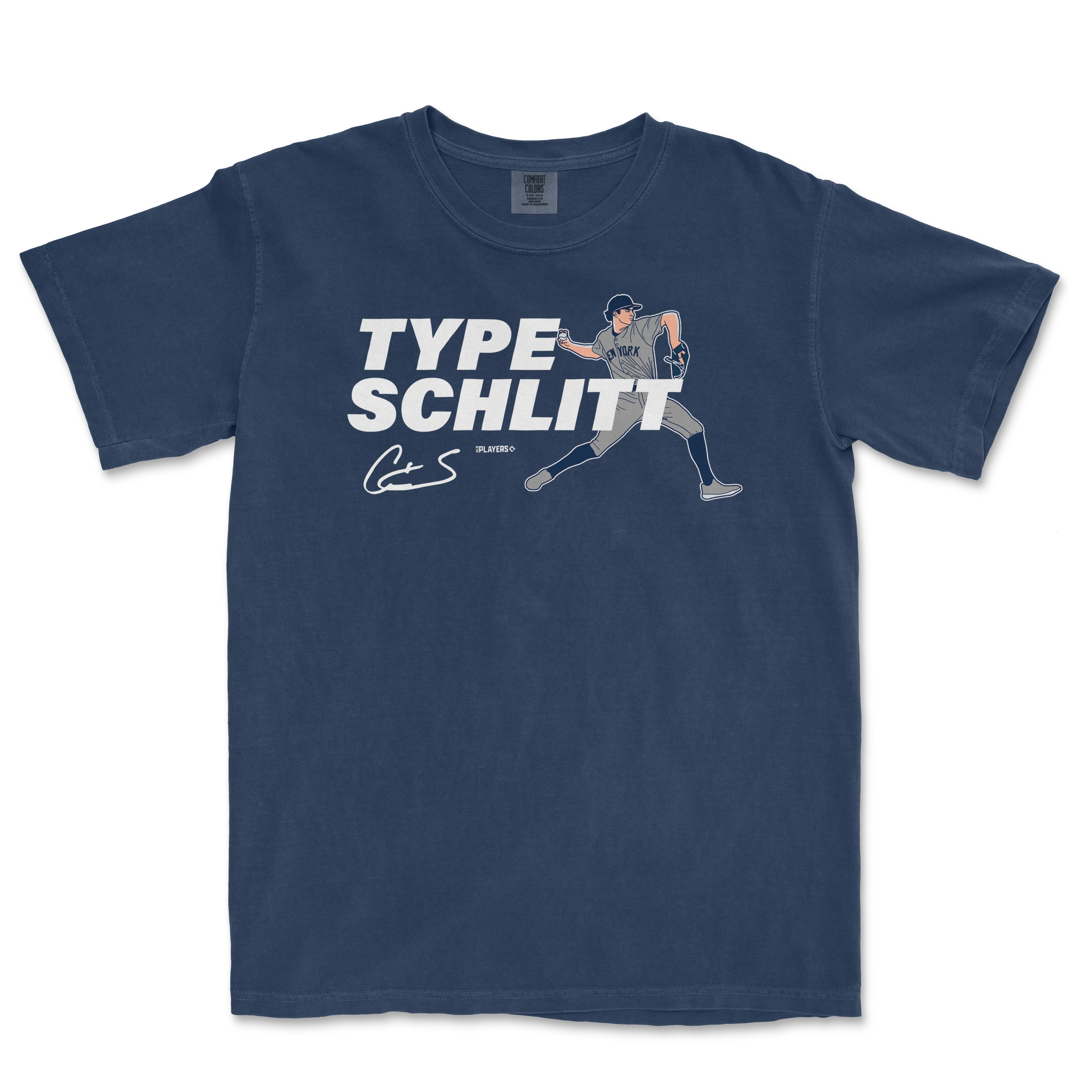 Navy blue t-shirt featuring the phrase "Type Schlitt" and a graphic of a baseball player in action.