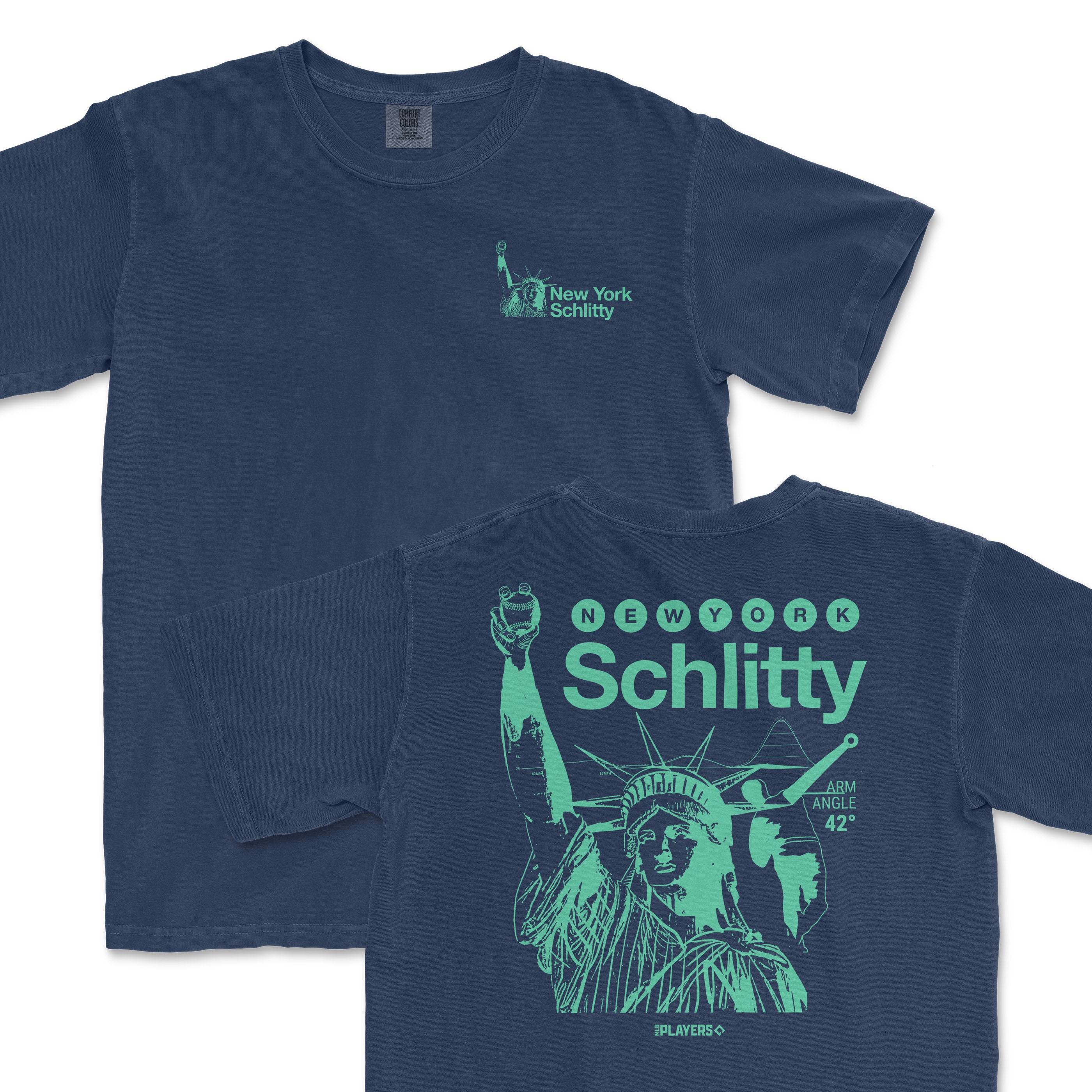 Navy blue t-shirt featuring a graphic of the Statue of Liberty with "New York Schlitty" text on the front and back.
