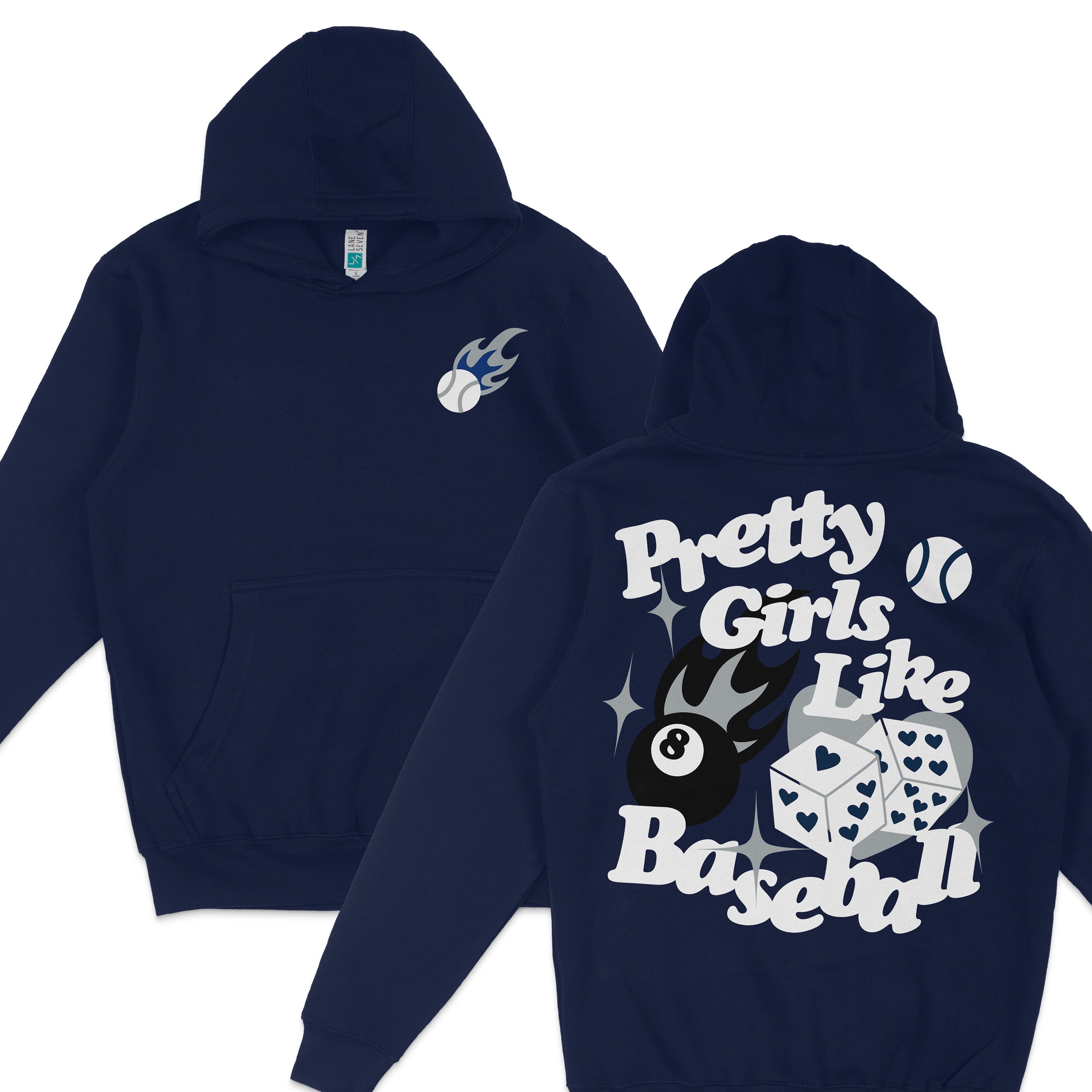 Navy hoodie featuring a flame baseball with NY logo on the front and "Pretty Girls Like Baseball" graphic with dice and stars on the back.