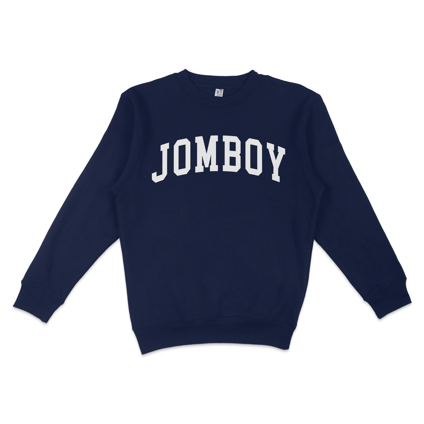 Navy blue crewneck sweatshirt with "JOMBOY" in bold white letters across the chest, casual and comfortable apparel.