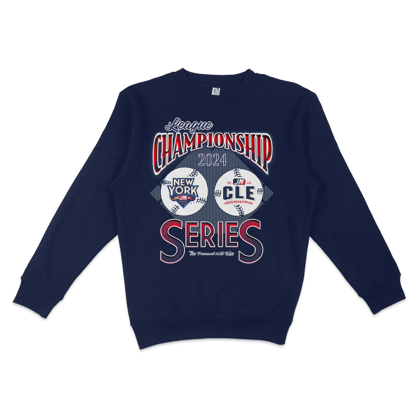 Navy blue crewneck sweatshirt with "ALCS '24" and baseball-themed graphics for the 2024 championship series.