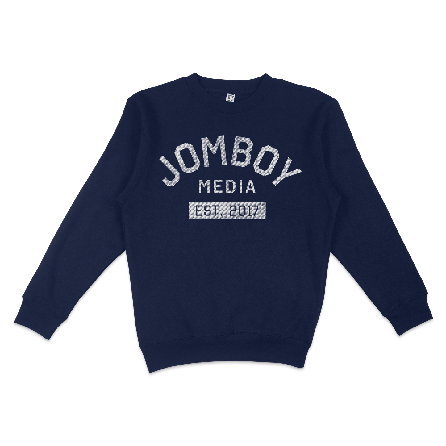 Navy blue crewneck sweatshirt with "Jomboy Media Est. 2017" printed in white text on the front.