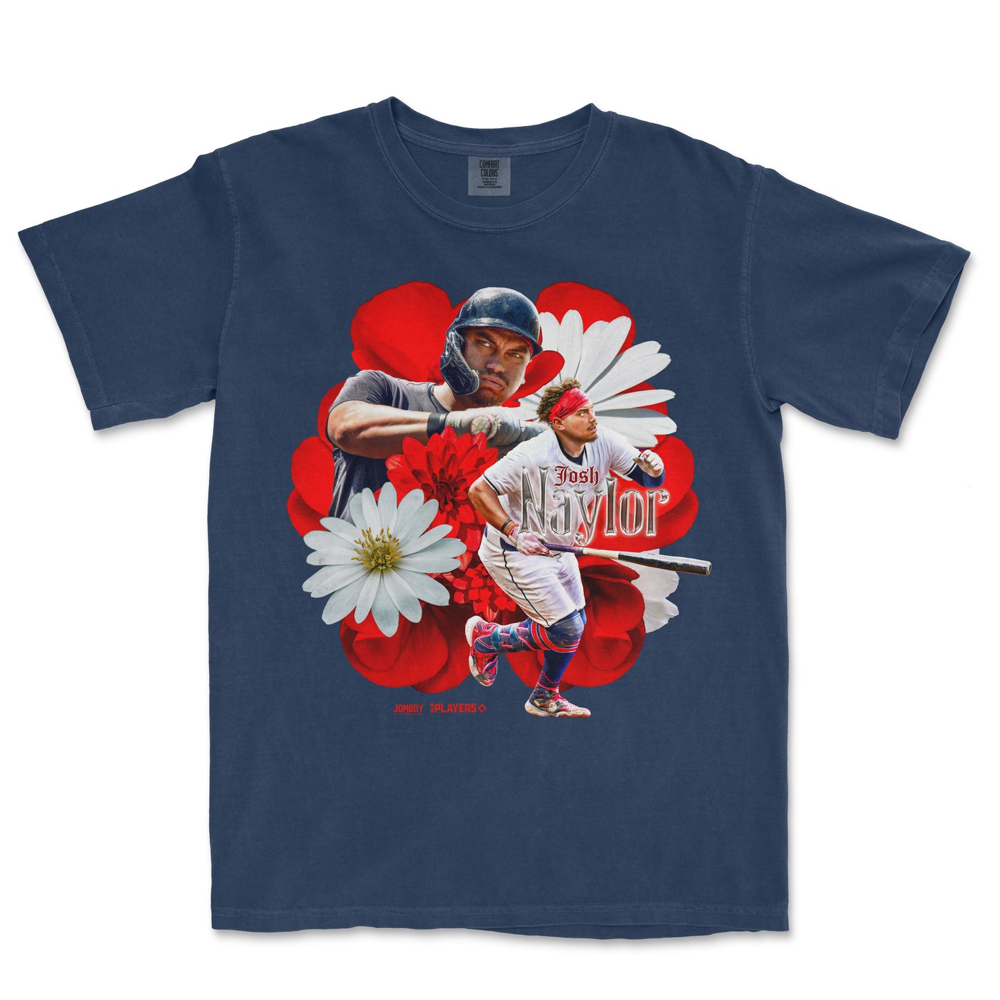 A navy T-shirt featuring a collage of baseball player Josh Naylor and a football player, surrounded by red and white flowers.