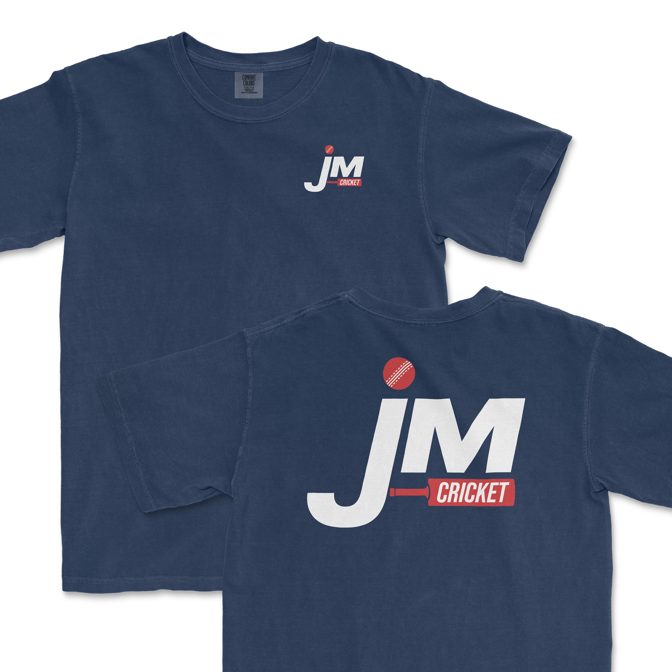Navy JM Cricket T-shirt featuring a bold logo on the front and back, perfect for cricket fans and casual wear.