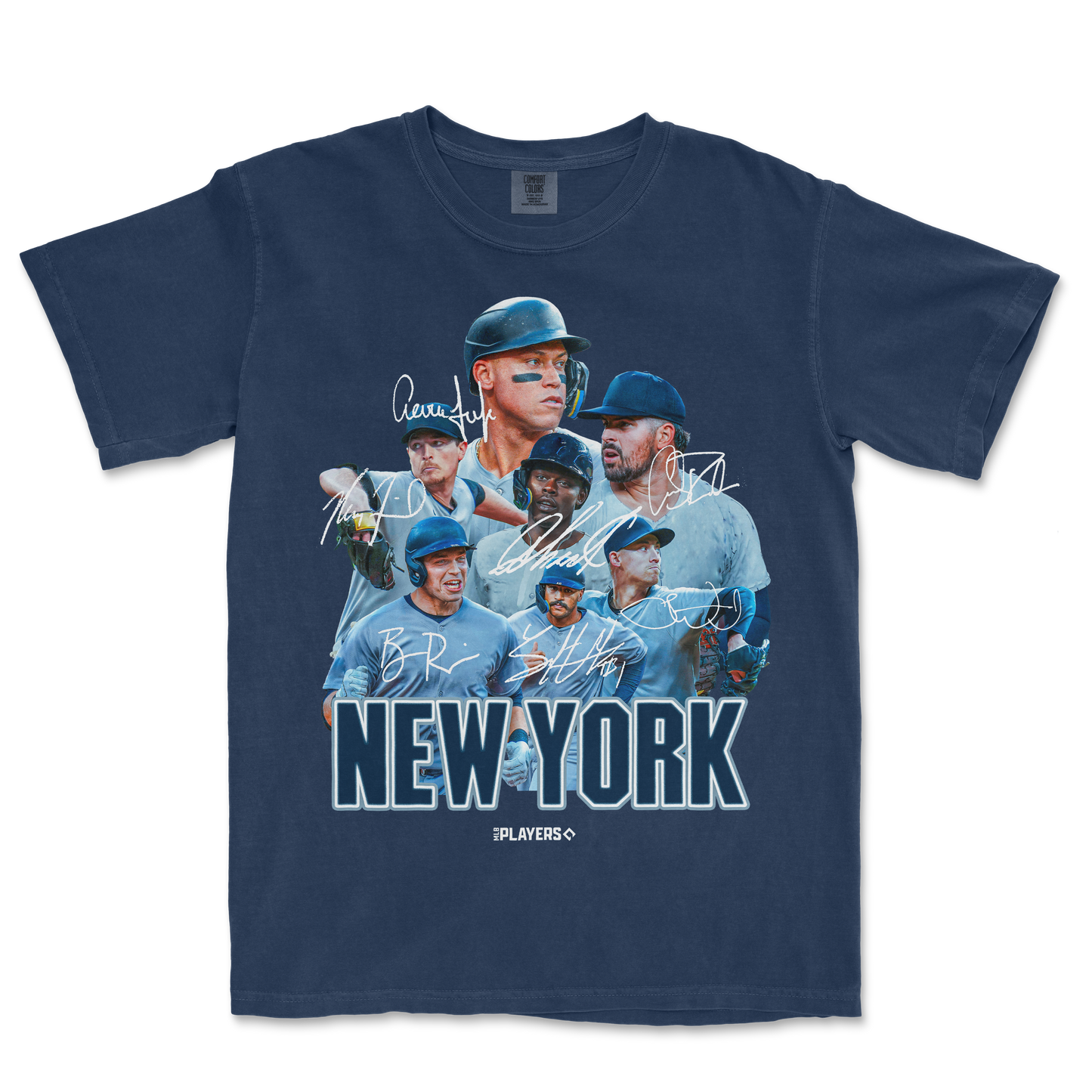 NYY Signature Series Comfort Colors T-shirt featuring iconic New York Yankees players with autographs and team logo.