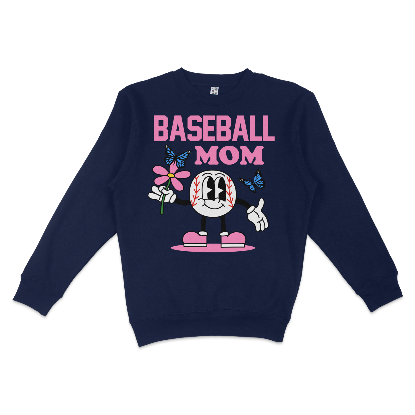Navy crewneck sweatshirt featuring "Baseball Mom" text, cartoon baseball character, pink shoes, flowers, and butterflies.