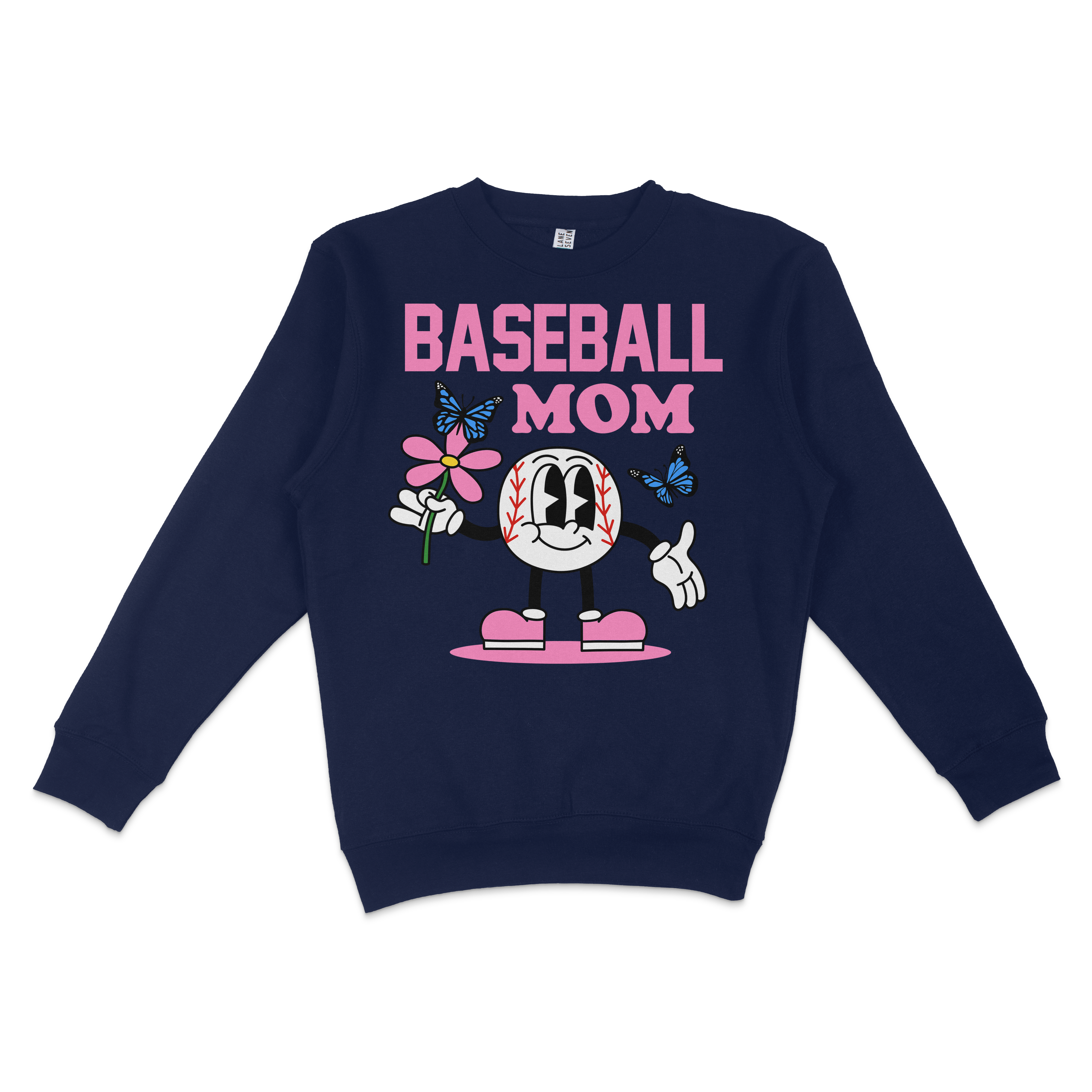 Navy crewneck sweatshirt featuring "Baseball Mom" text, cartoon baseball character, pink shoes, flowers, and butterflies.
