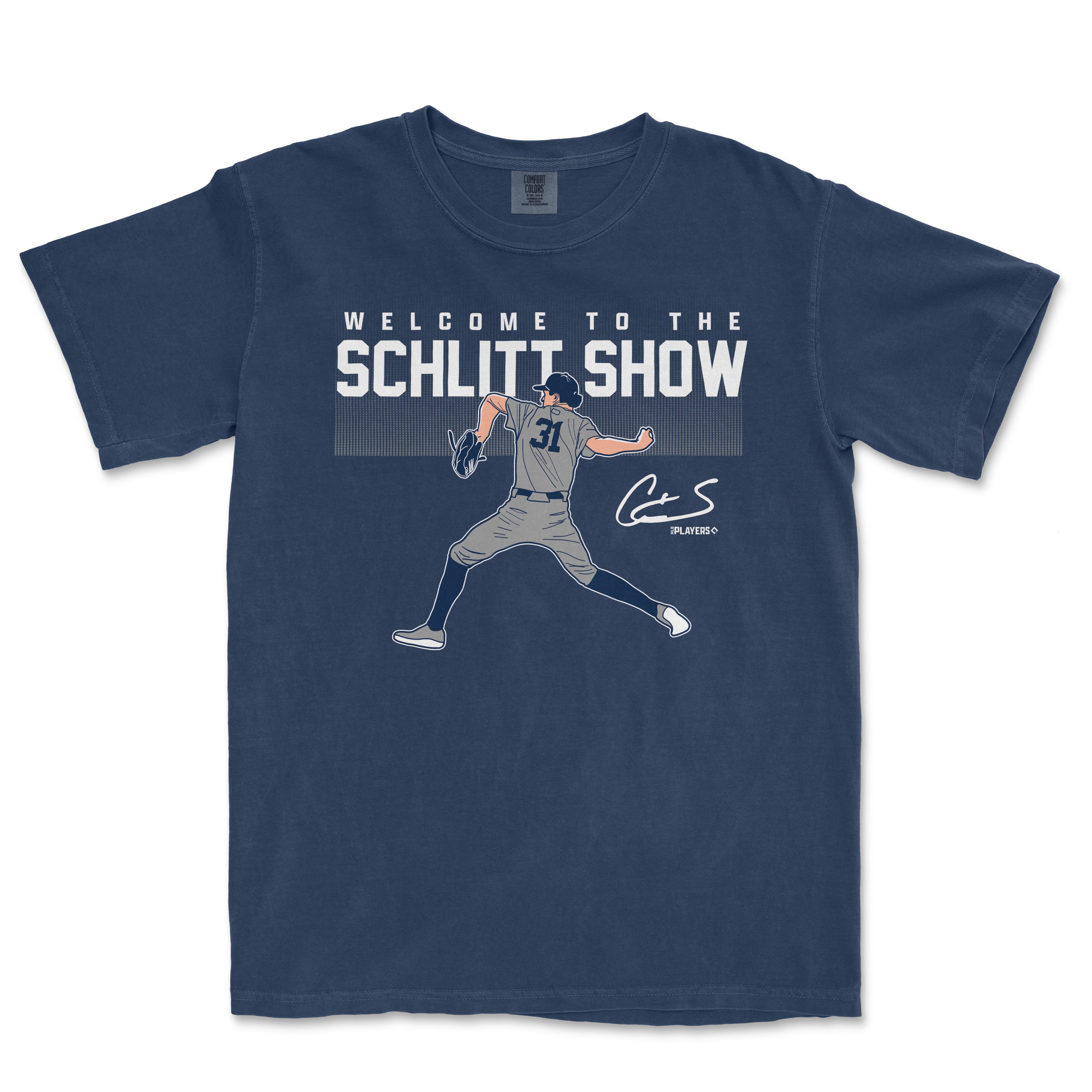 Navy blue t-shirt featuring "Welcome to the Schlitt Show" text and an illustration of a pitcher in action.
