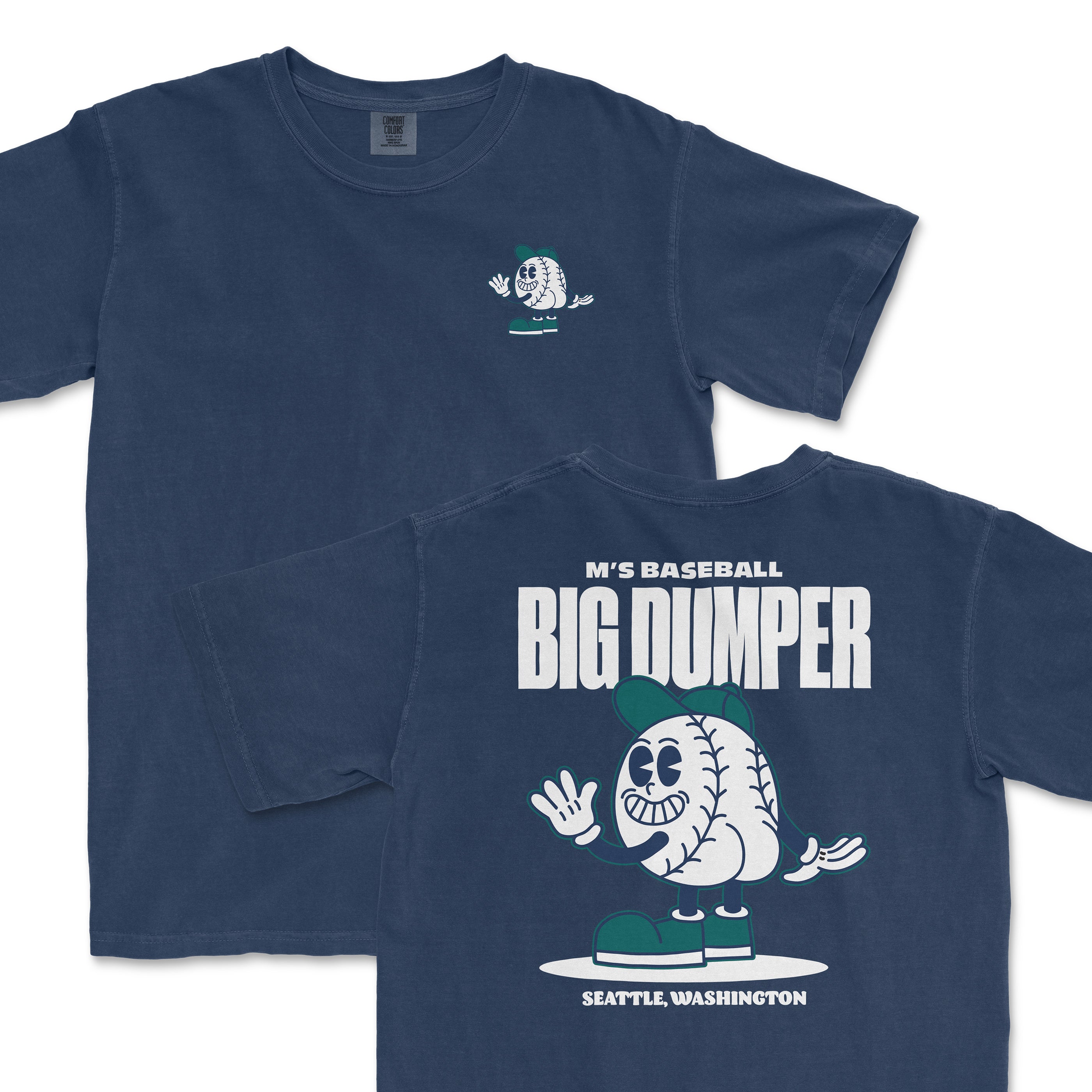 Navy blue t-shirt featuring a cartoon baseball character named Big Dumper, with playful graphics on the front and back.