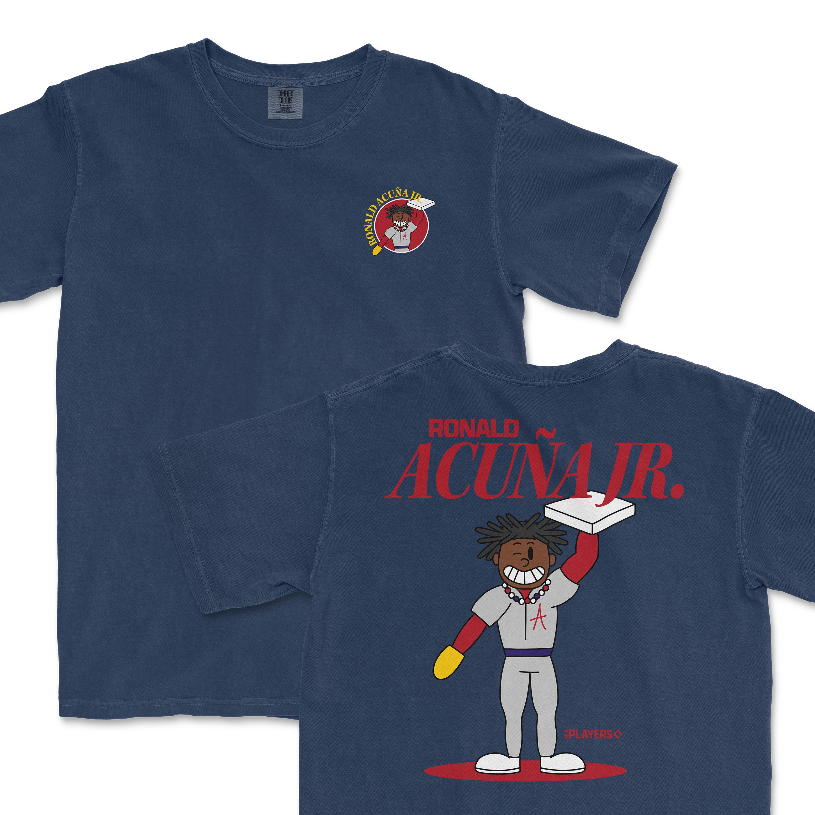 Ronald Acuña Jr. summer cartoon t-shirt featuring a playful design on a navy background with his name on the back.