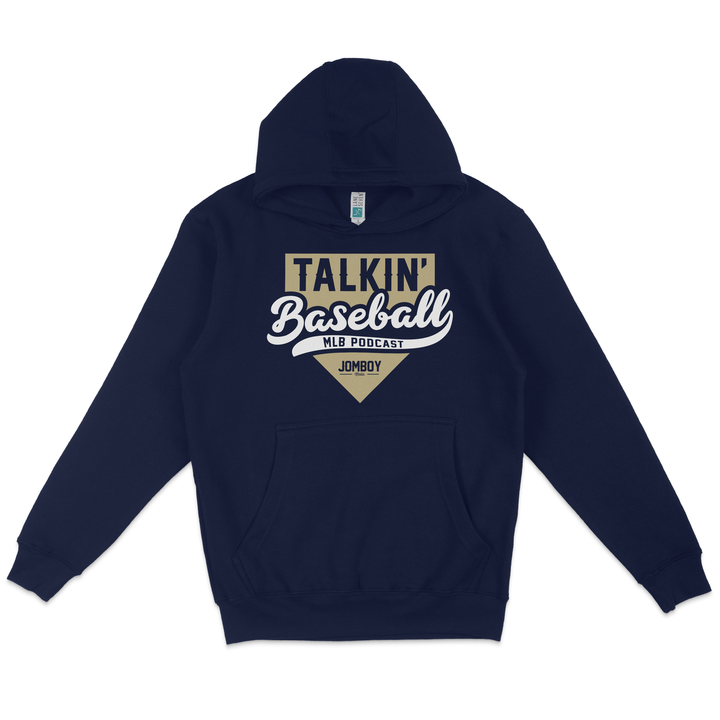 Navy blue hoodie featuring a "Talkin' Baseball" MLB podcast logo with bold text and a gold and white design.