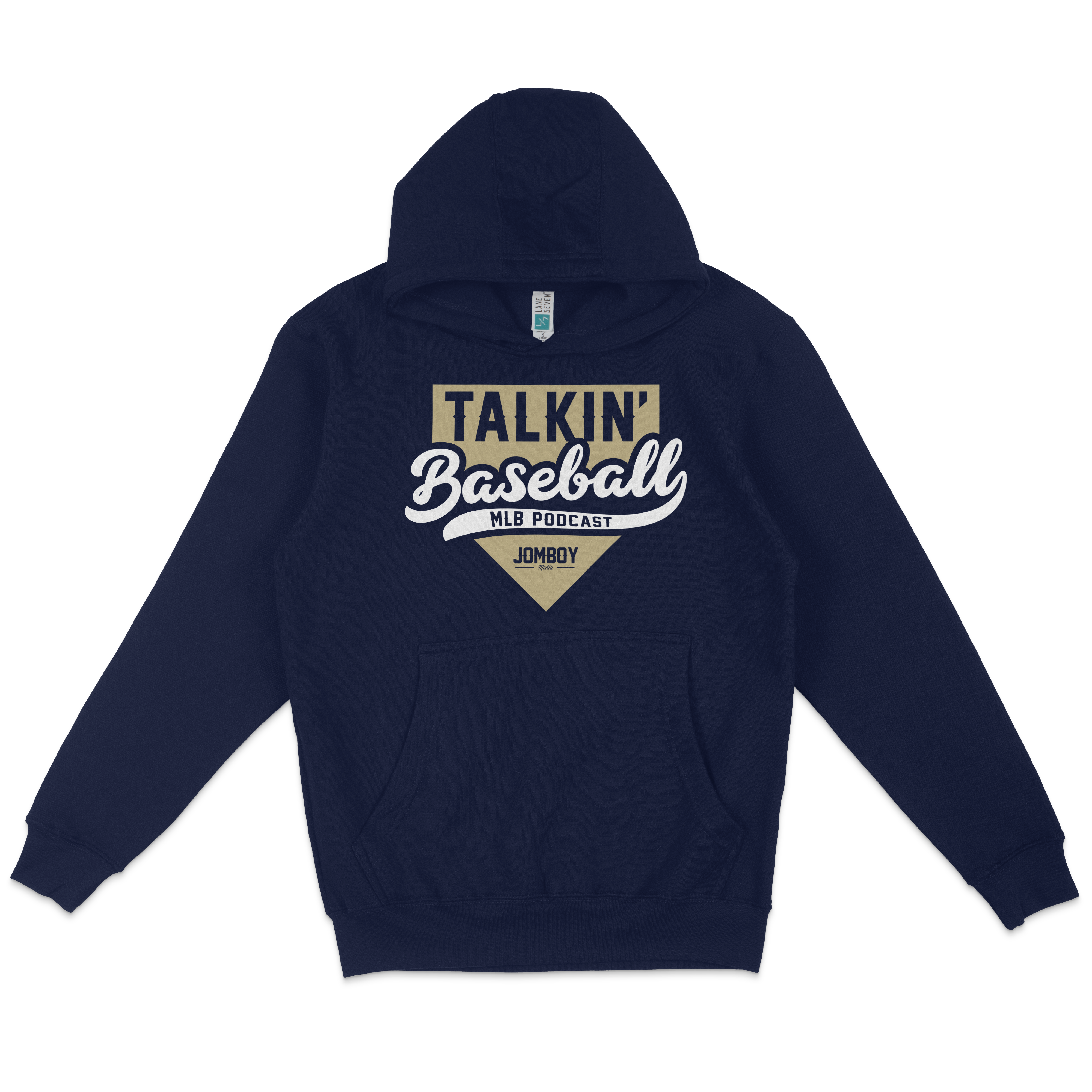 Navy blue hoodie featuring a "Talkin' Baseball" MLB podcast logo with bold text and a gold and white design.