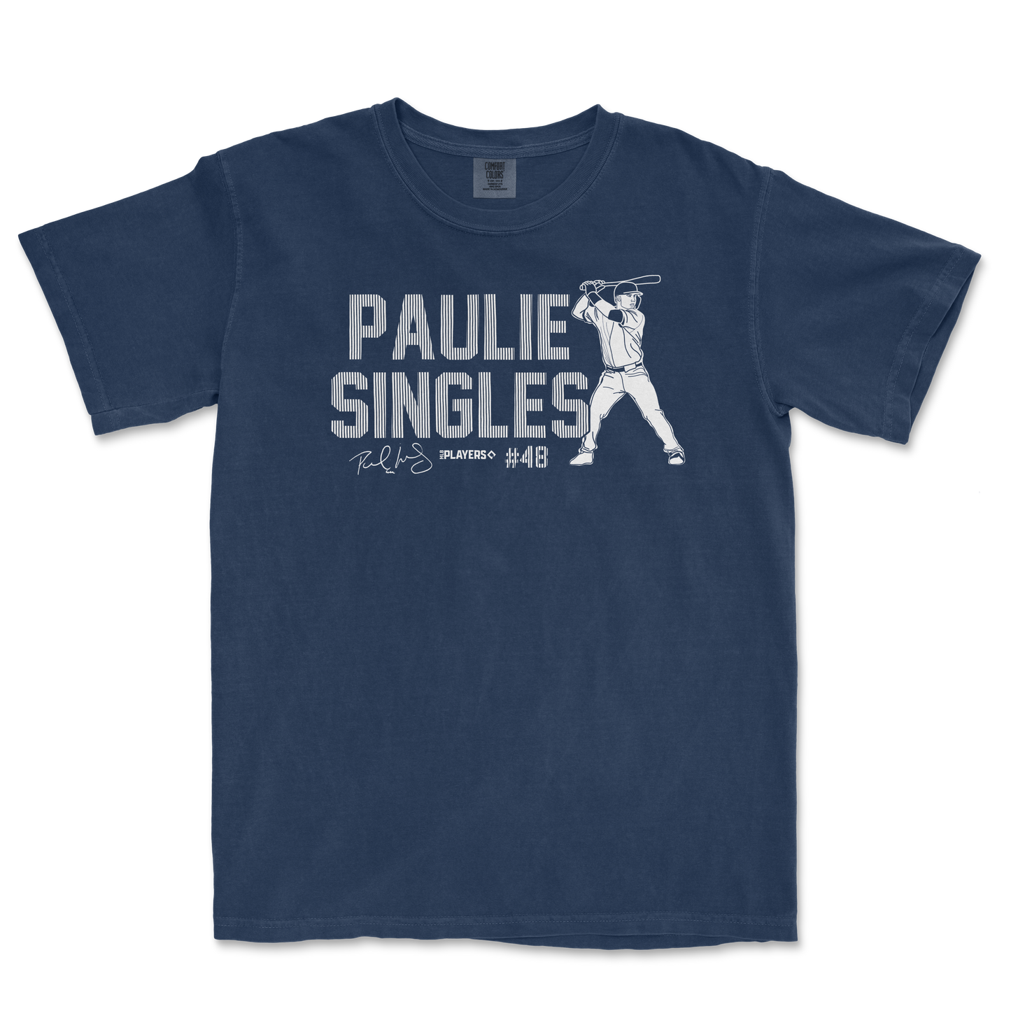 Blue T-shirt featuring a graphic of a baseball player swinging a bat, with "Paulie Singles" text and signature design.