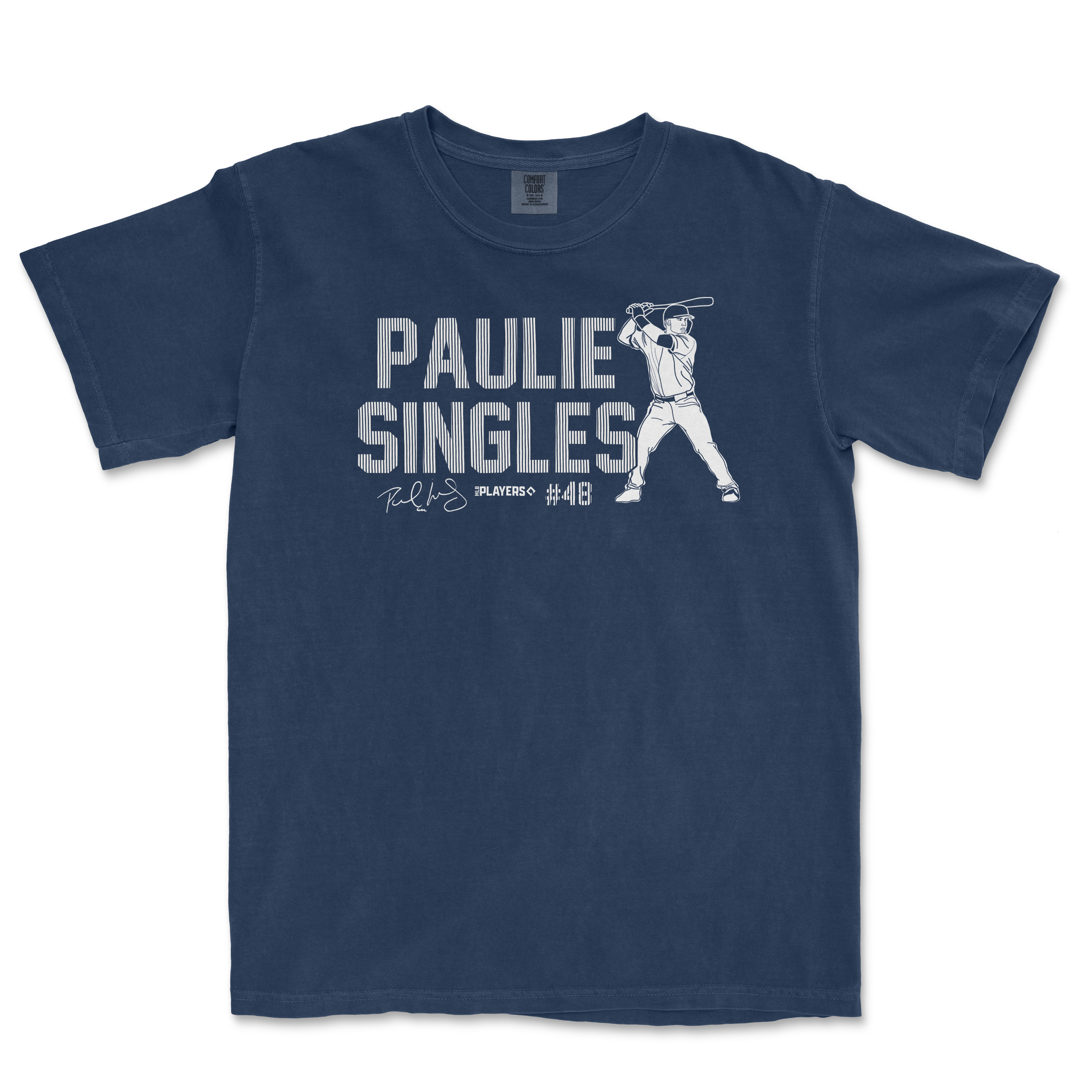 Blue T-shirt featuring a graphic of a baseball player swinging a bat, with "Paulie Singles" text and signature design.