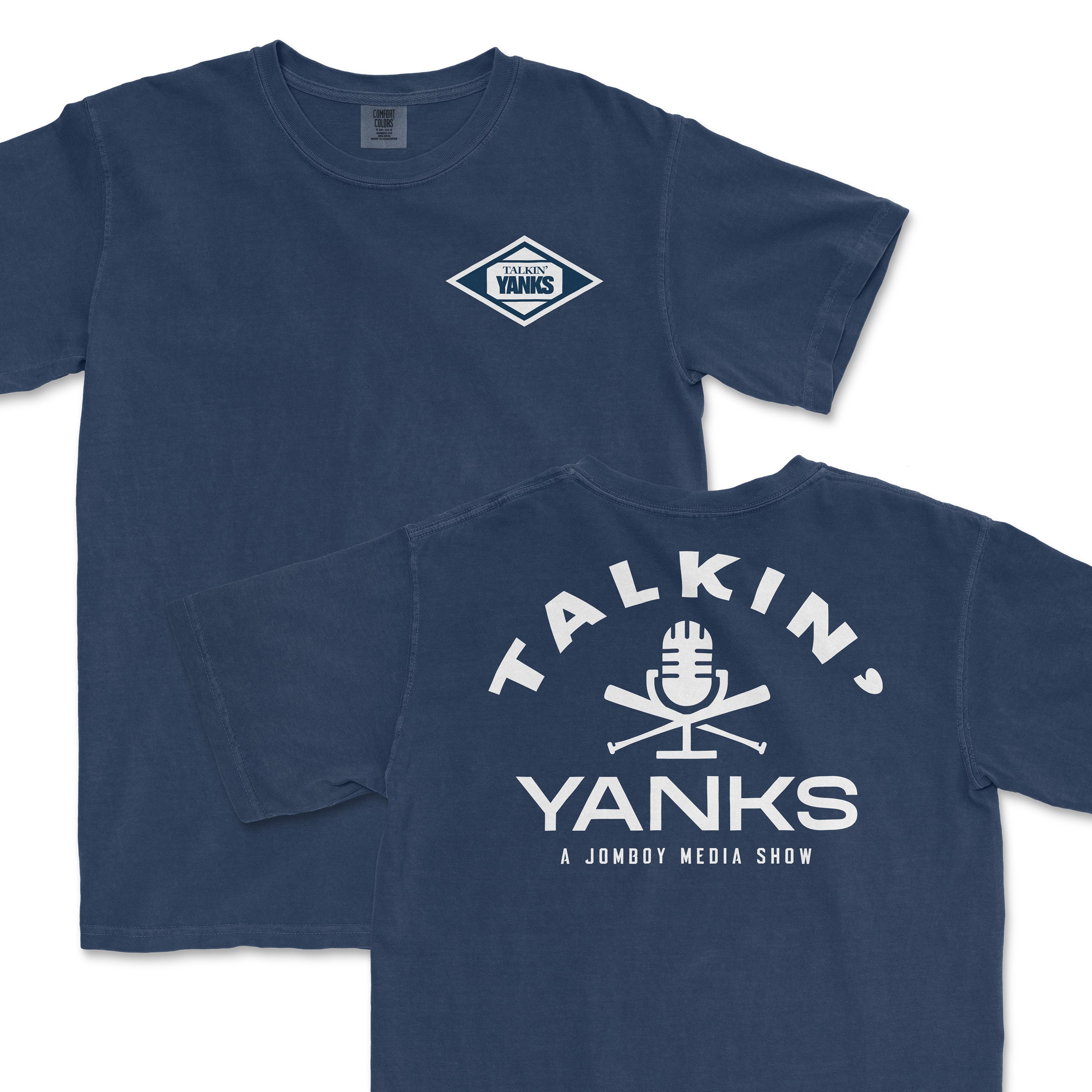 Blue T-shirt featuring the "Talkin' Yanks" logo on the front and a microphone with crossed baseball bats on the back, promoting a media show.