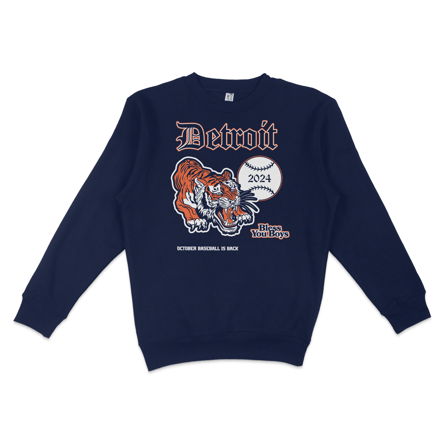 Navy blue crewneck sweatshirt featuring a Detroit Tigers graphic with a roaring tiger, baseball, and text celebrating October 2024.