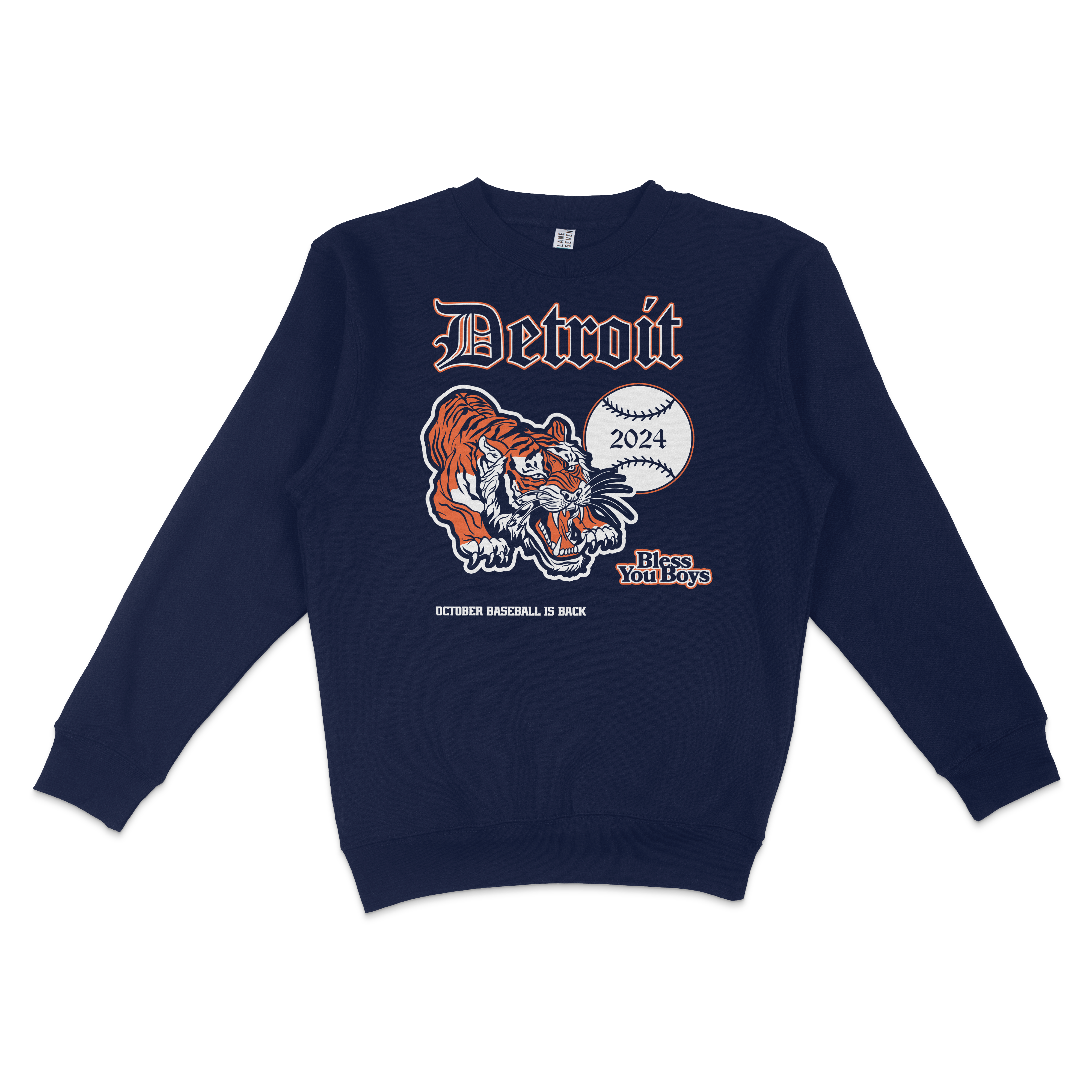 Navy blue crewneck sweatshirt featuring a Detroit Tigers graphic with a roaring tiger, baseball, and text celebrating October 2024.