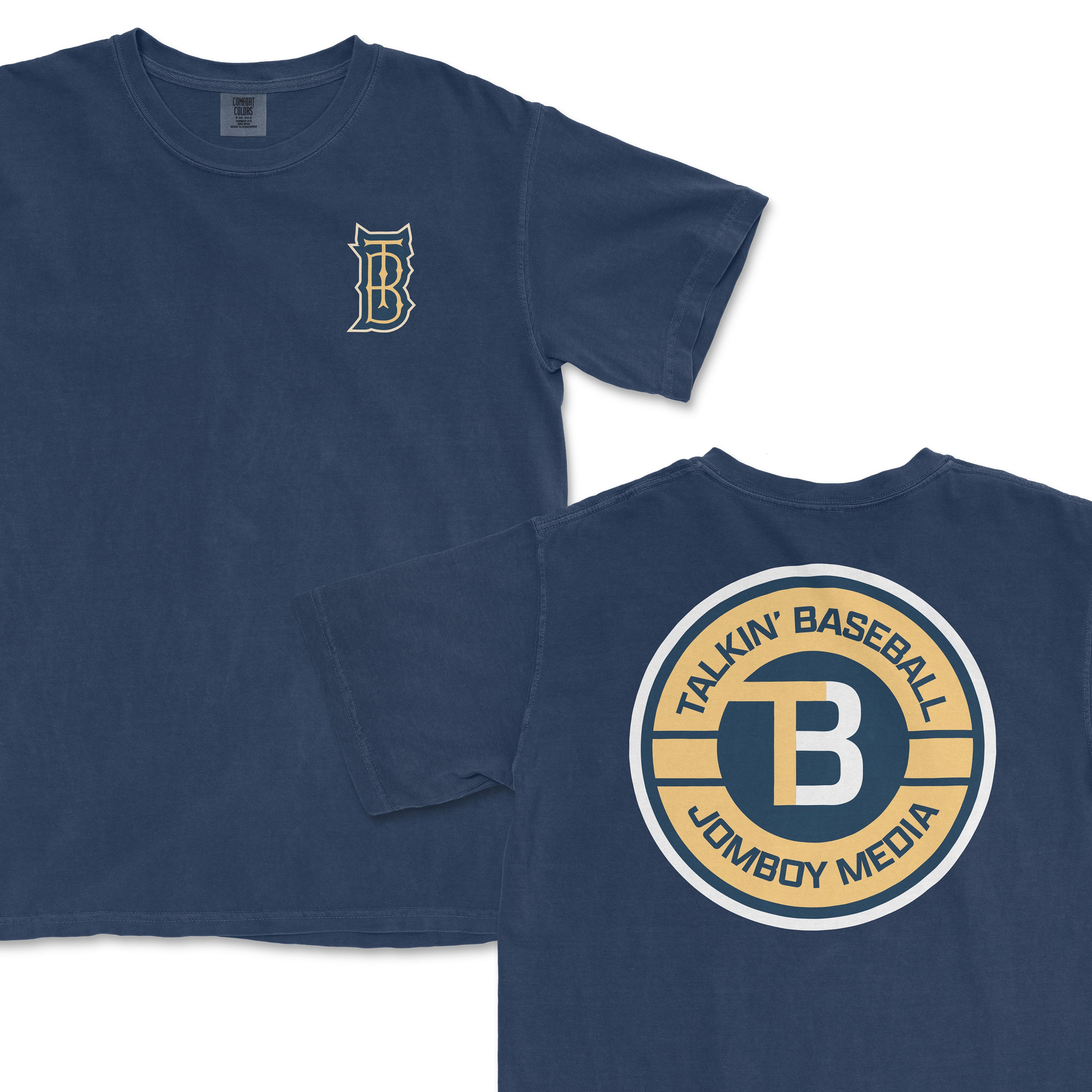 Blue T-shirt featuring "Talkin' Baseball" and "Jomboy Media" logos on front and back, celebrating baseball talk content.