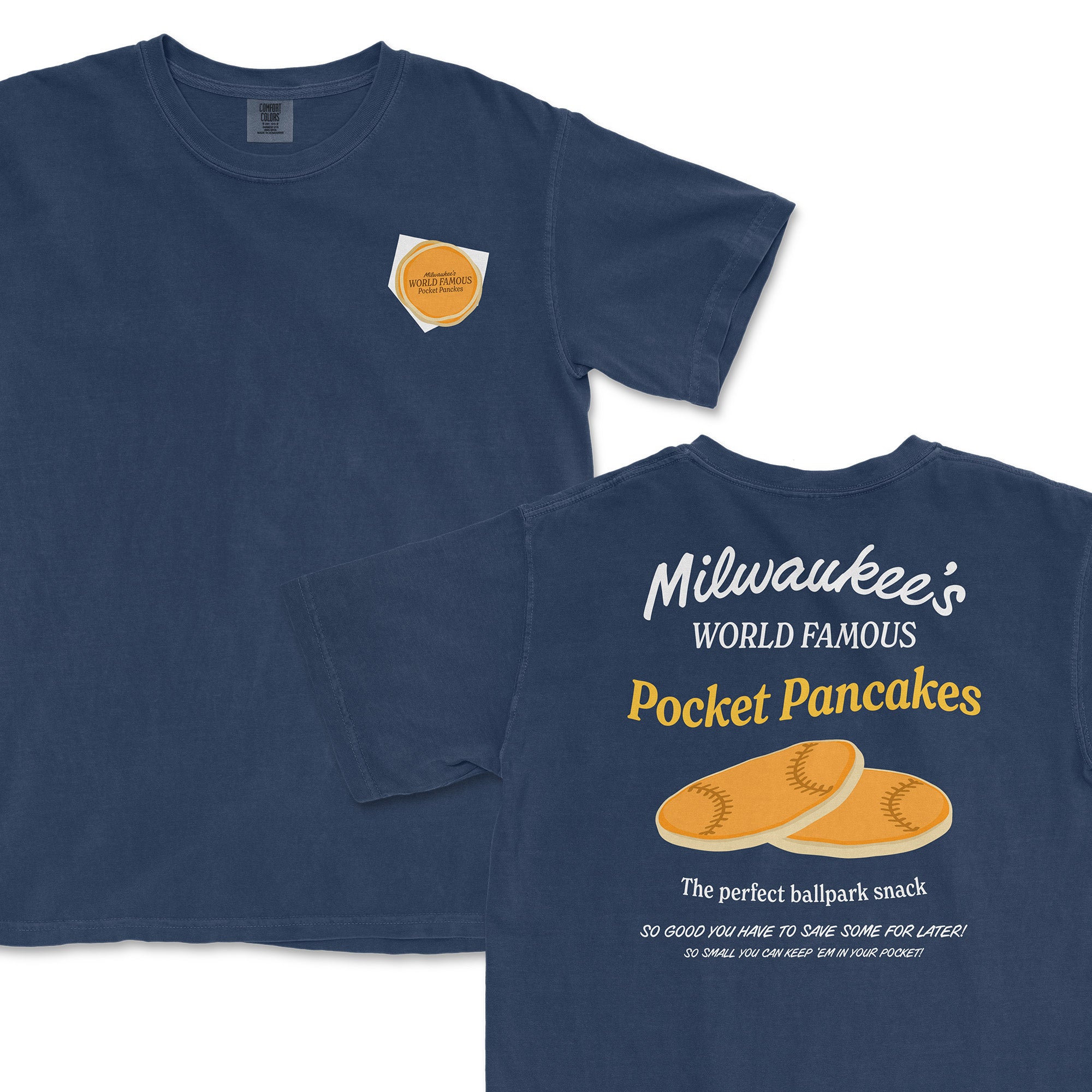 Navy t-shirt featuring Milwaukee's World Famous Pocket Pancakes graphic and slogan, ideal for baseball fans and casual wear.