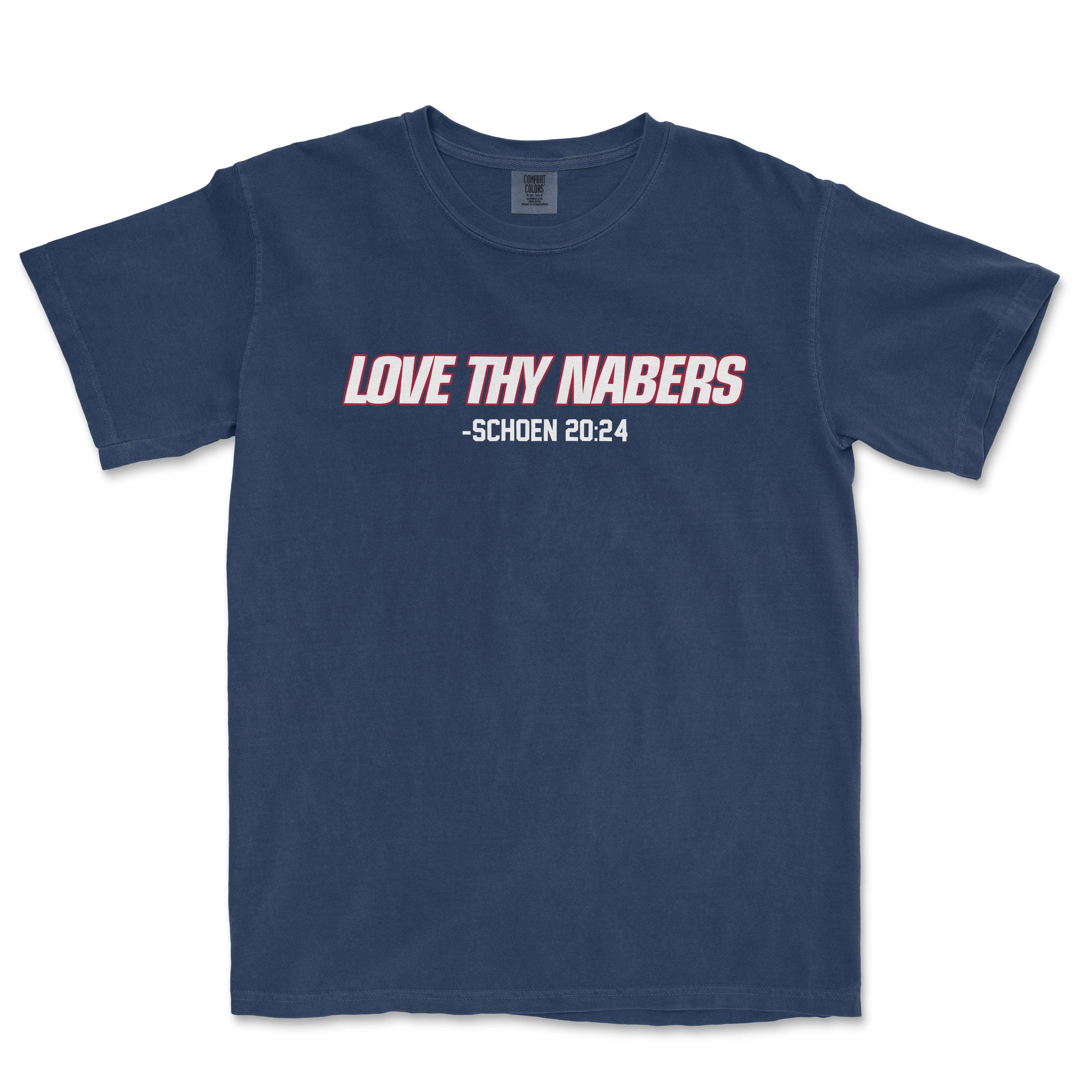 Navy Comfort Colors vintage T-shirt with white and red "LOVE THY NABERS" text and "SCHOEN 20:24" below.