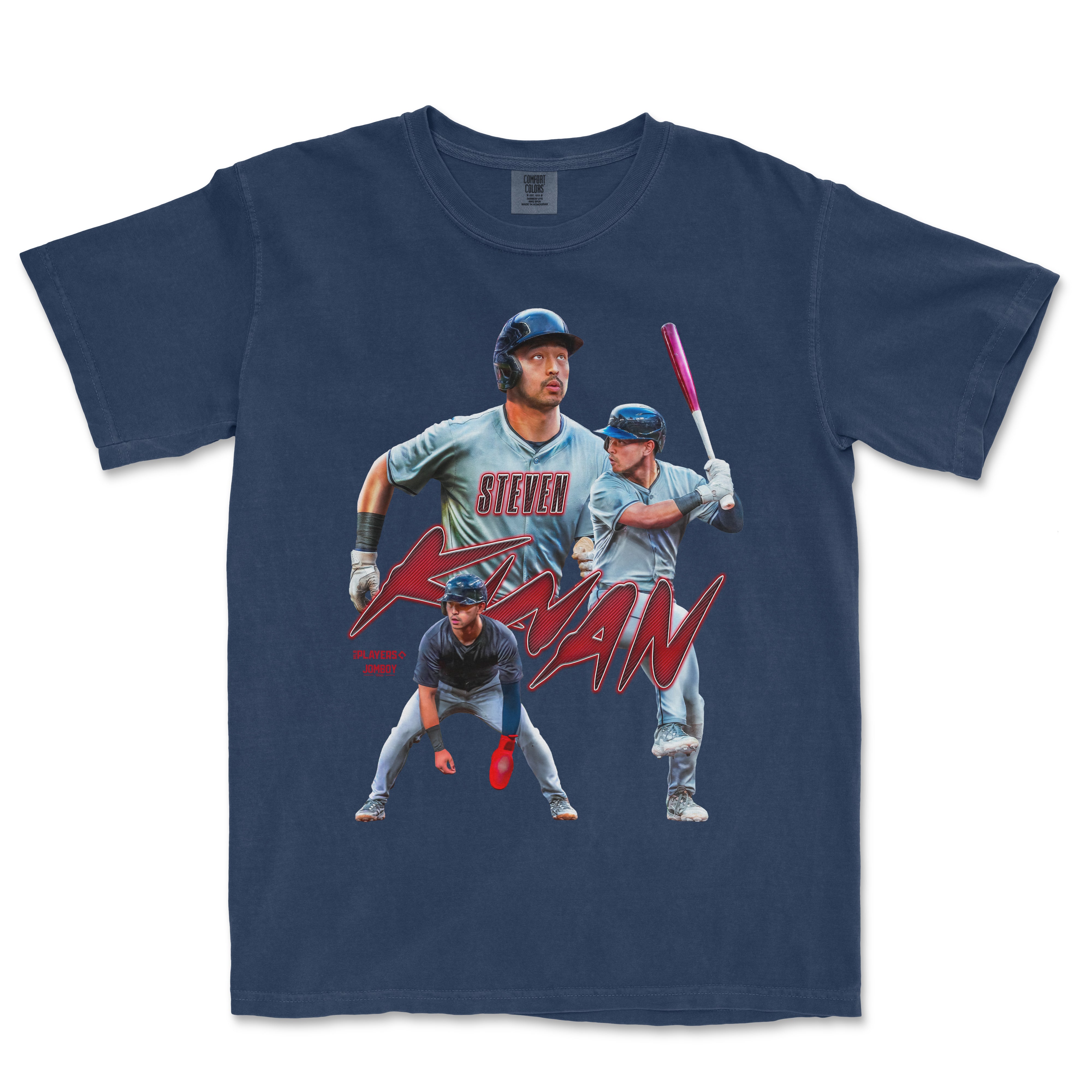 A navy blue T-shirt featuring a collage of three baseball players in action, with "Steven Kwan" written in bold red script across the front.