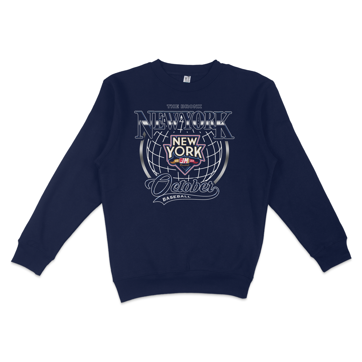 Navy crewneck sweatshirt featuring "October in the Bronx" and "New York" graphic with a globe and baseball design.