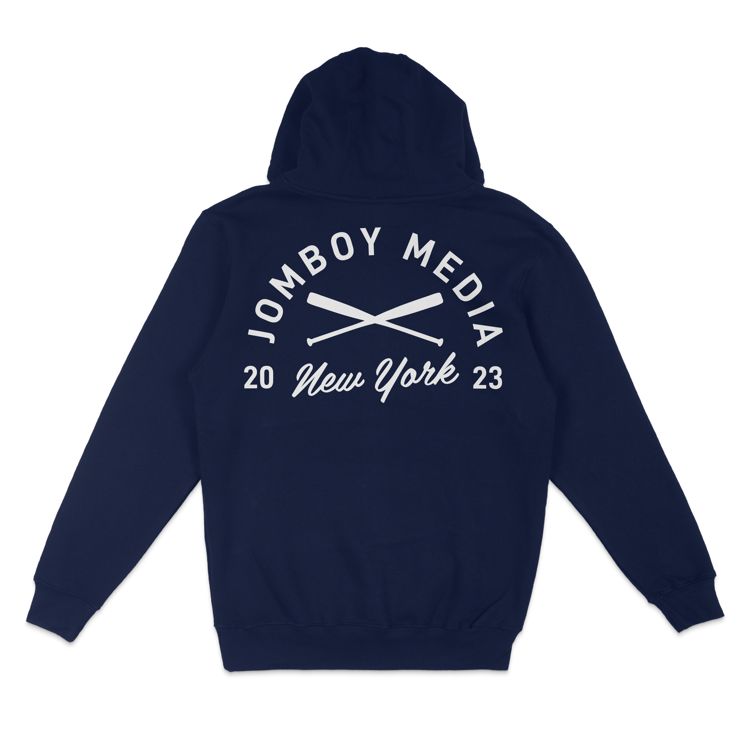 Navy blue pullover fleece hoodie featuring a white "Jombo Boy Media" logo with crossed paddles, "New York 2023" text on the back.