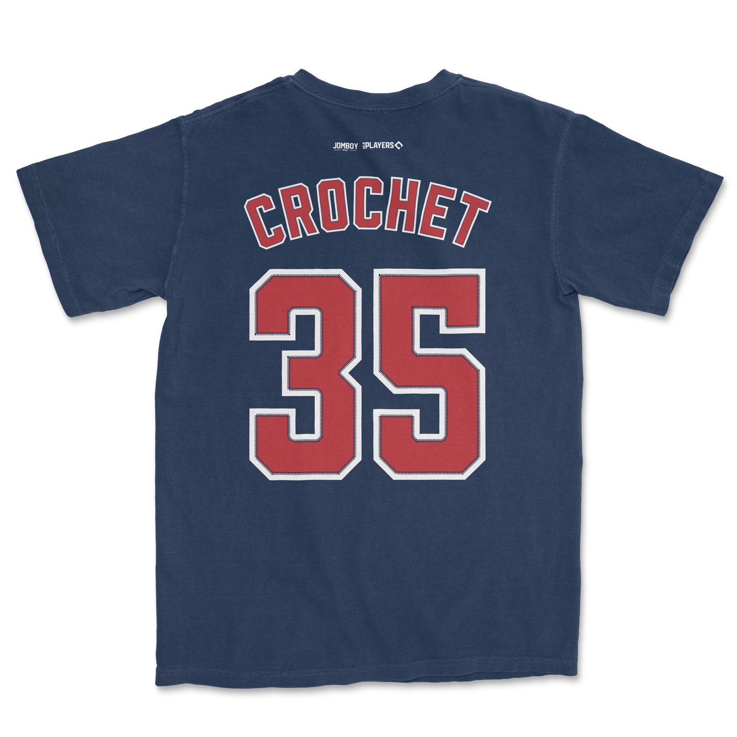 Back of a navy Comfort Colors tee featuring "Crochet" and the number 35 in red and white varsity-style lettering.