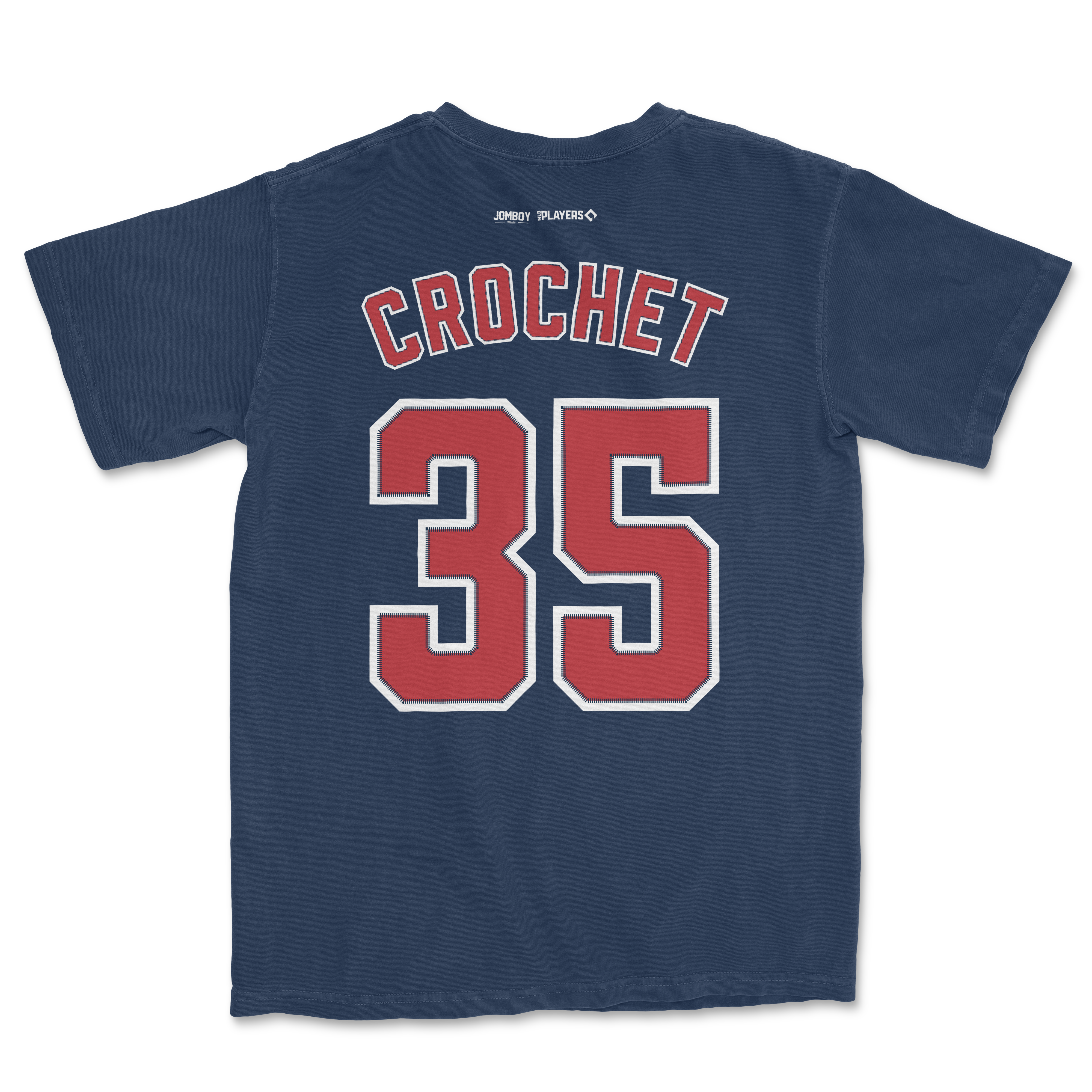 Back of a navy Comfort Colors tee featuring "Crochet" and the number 35 in red and white varsity-style lettering.