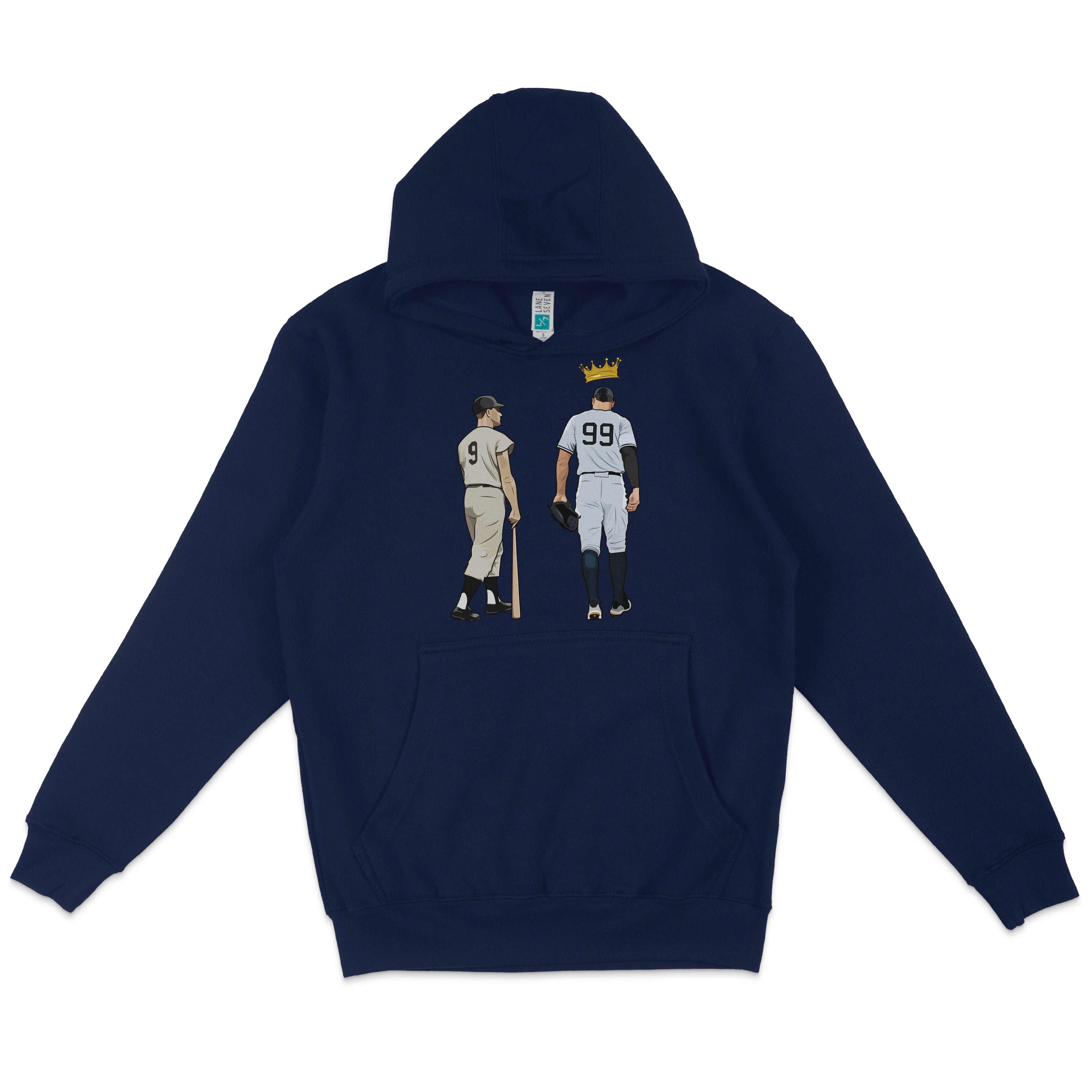 Navy pullover fleece hoodie featuring a graphic of two baseball players, one with a crown, on the front.