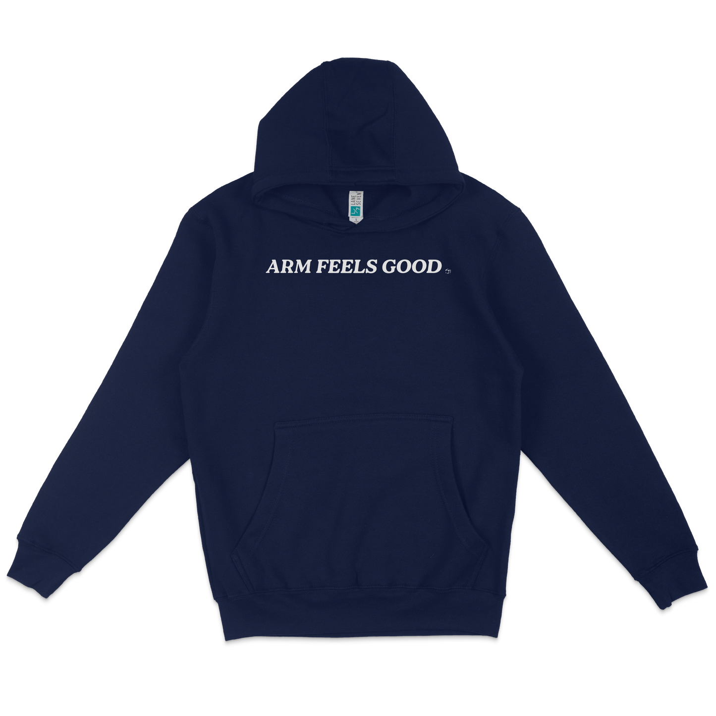Navy blue pullover fleece hoodie with "ARM FEELS GOOD" text on the front, featuring a front pocket and a hood.