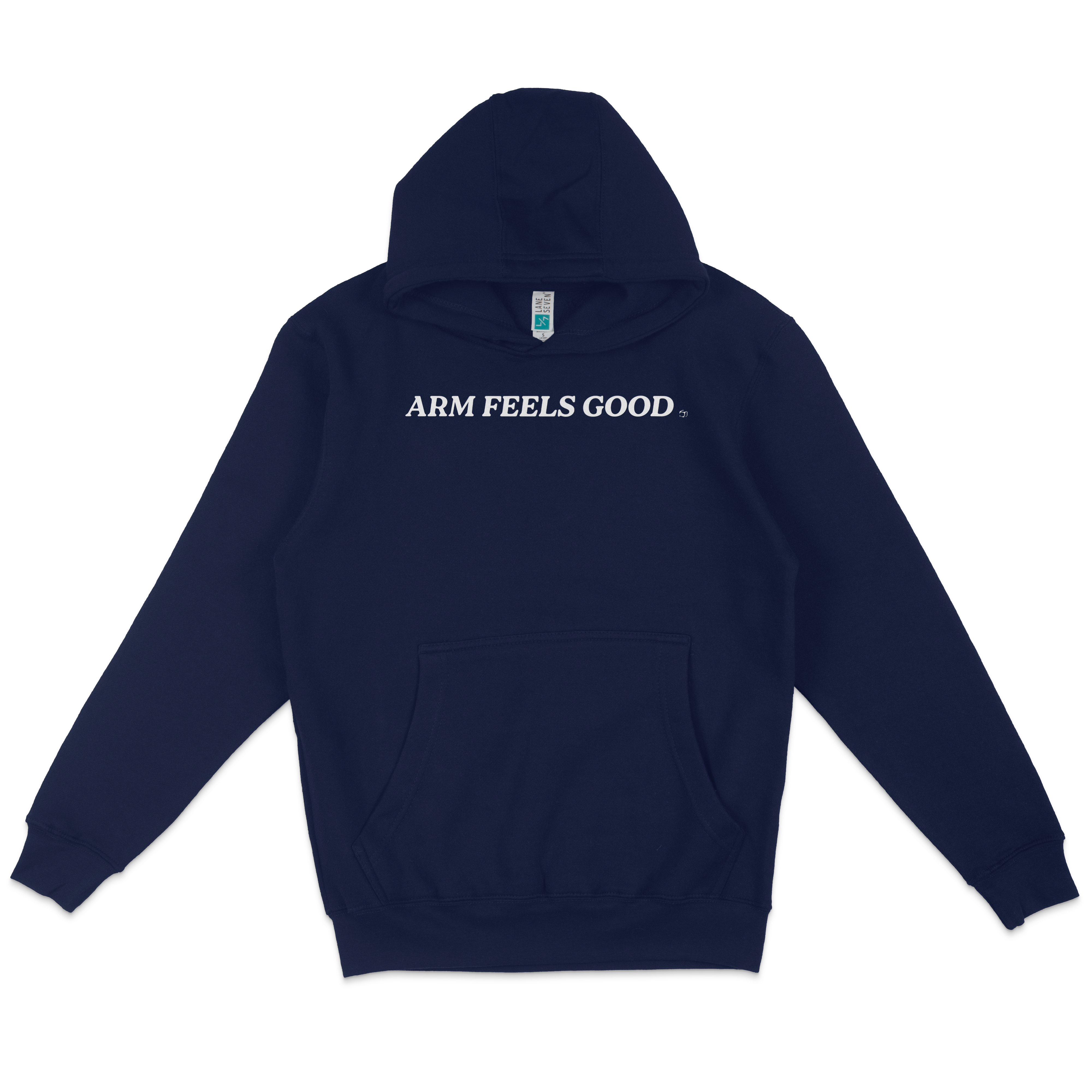 Navy blue pullover fleece hoodie with "ARM FEELS GOOD" text on the front, featuring a front pocket and a hood.