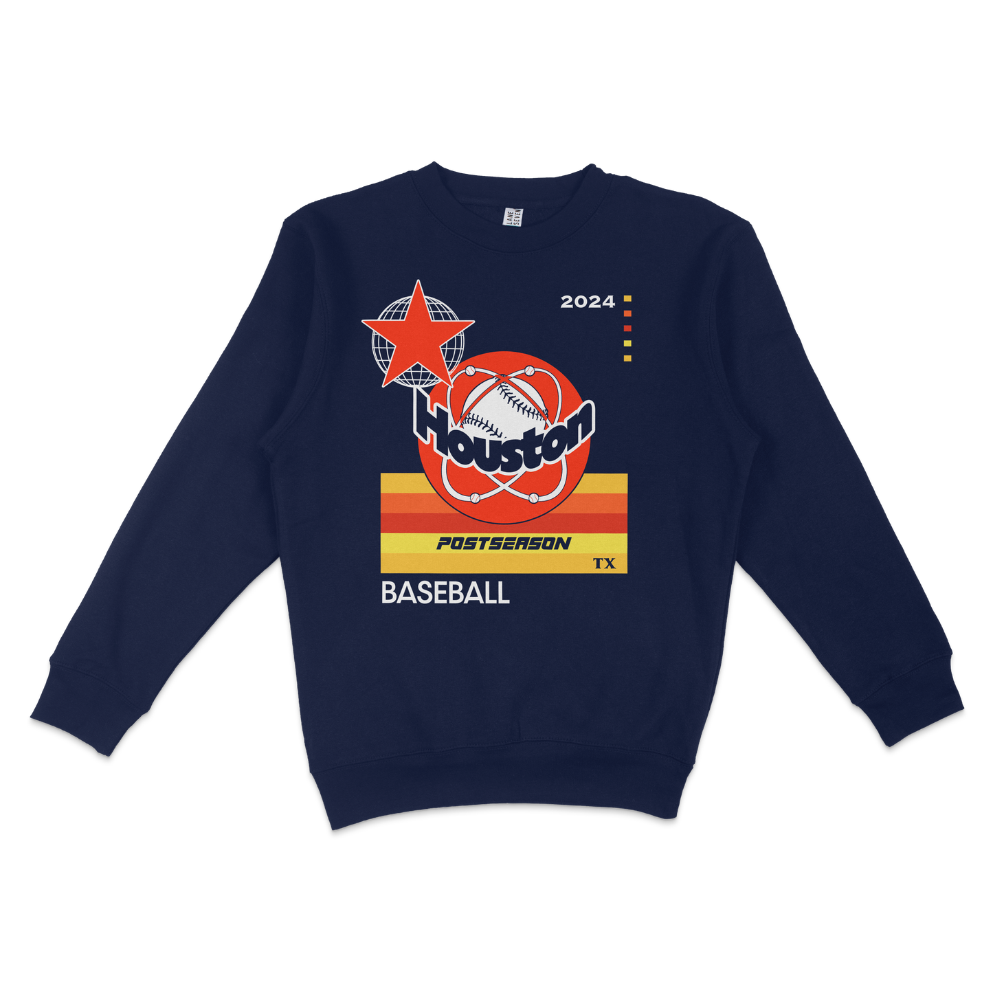 Navy blue crewneck sweatshirt featuring a Houston Astros 2024 postseason baseball graphic with stars, stripes, and team logo.